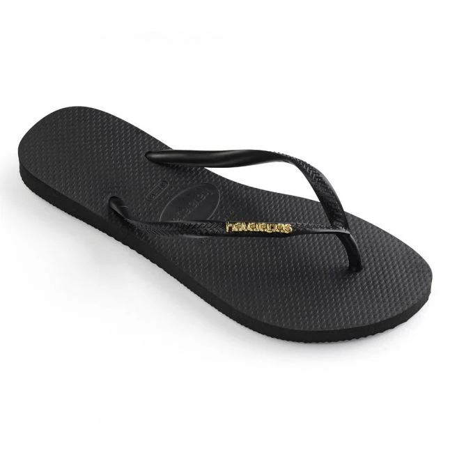 Womens Havaianas Black/Gold Slim Logo Metallic Flip Flops - Image 3