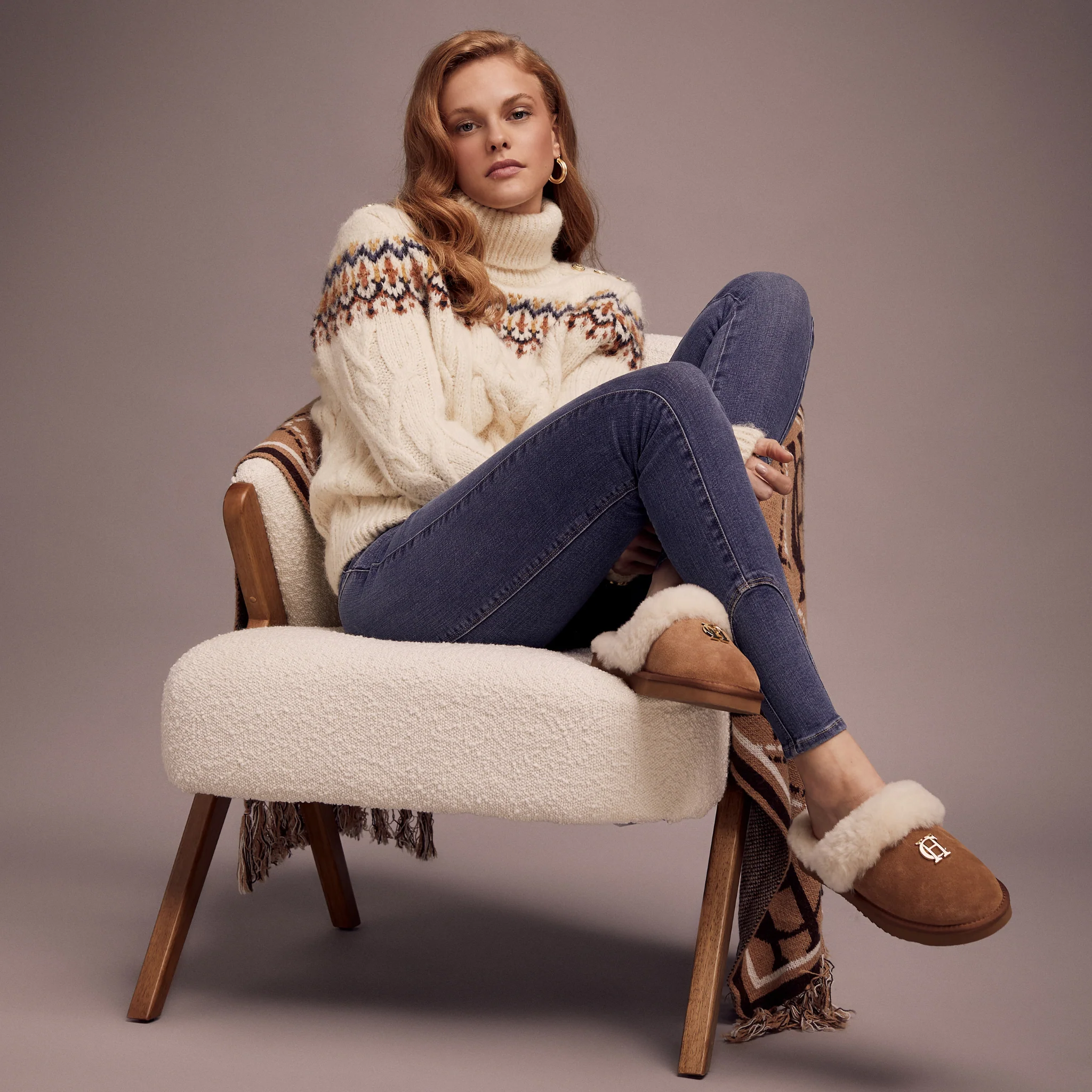 Womens Holland Cooper Tan Shearling Slippers - Image 2