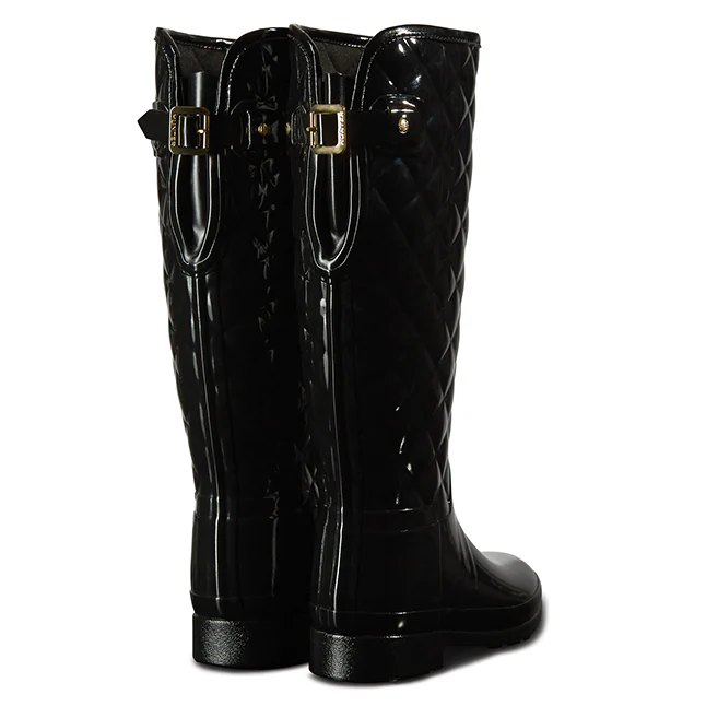 Womens Hunter Black Refined Gloss Quilted Tall Wellington Boots - Image 3