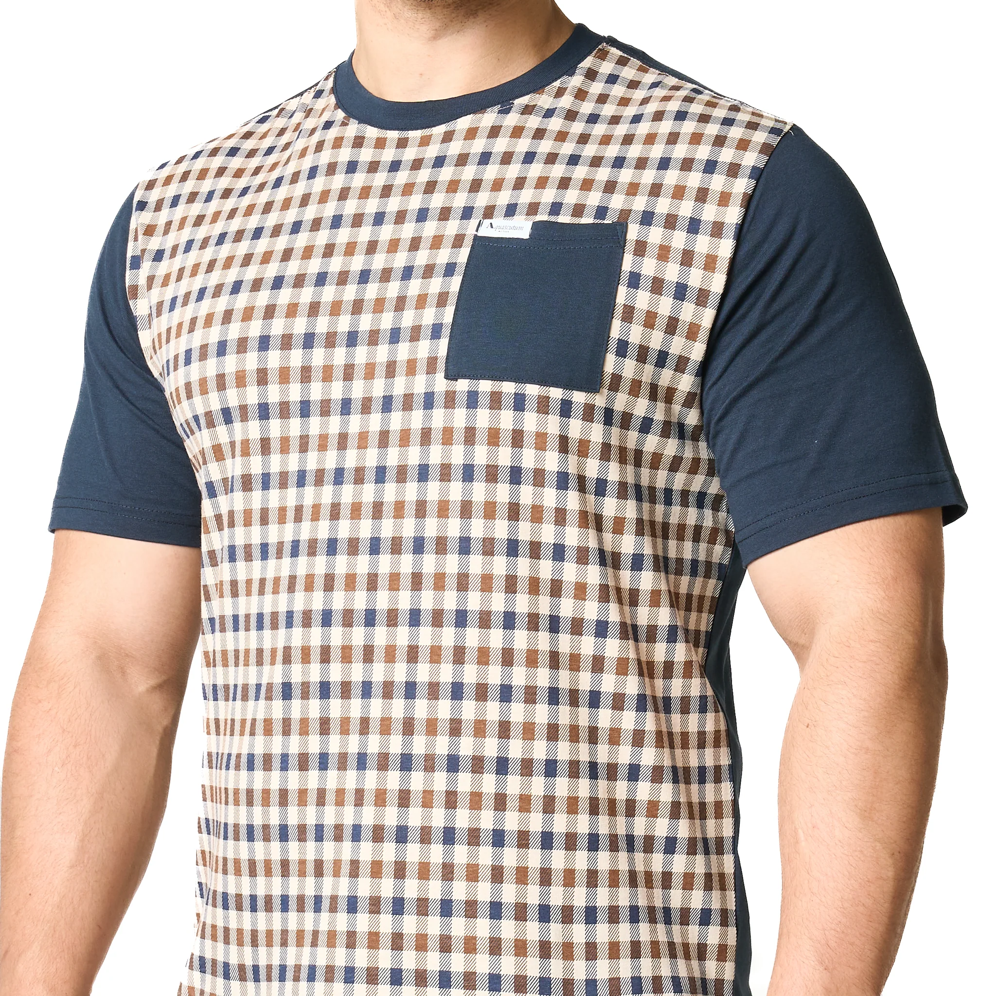 Mens Aquascutum Navy Pocket Check Front S/s T Shirt - Image 3