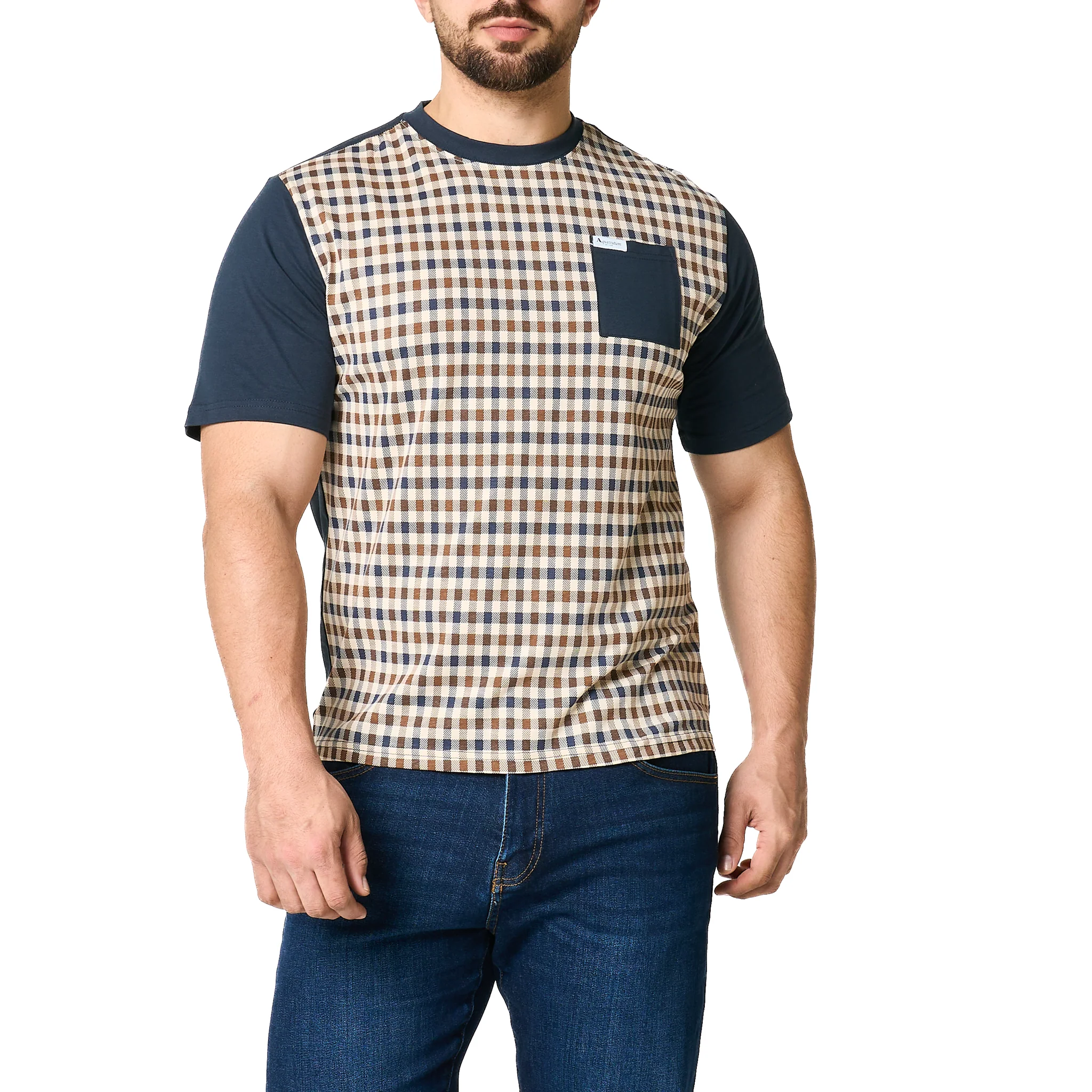 Mens Aquascutum Navy Pocket Check Front S/s T Shirt - Image 9