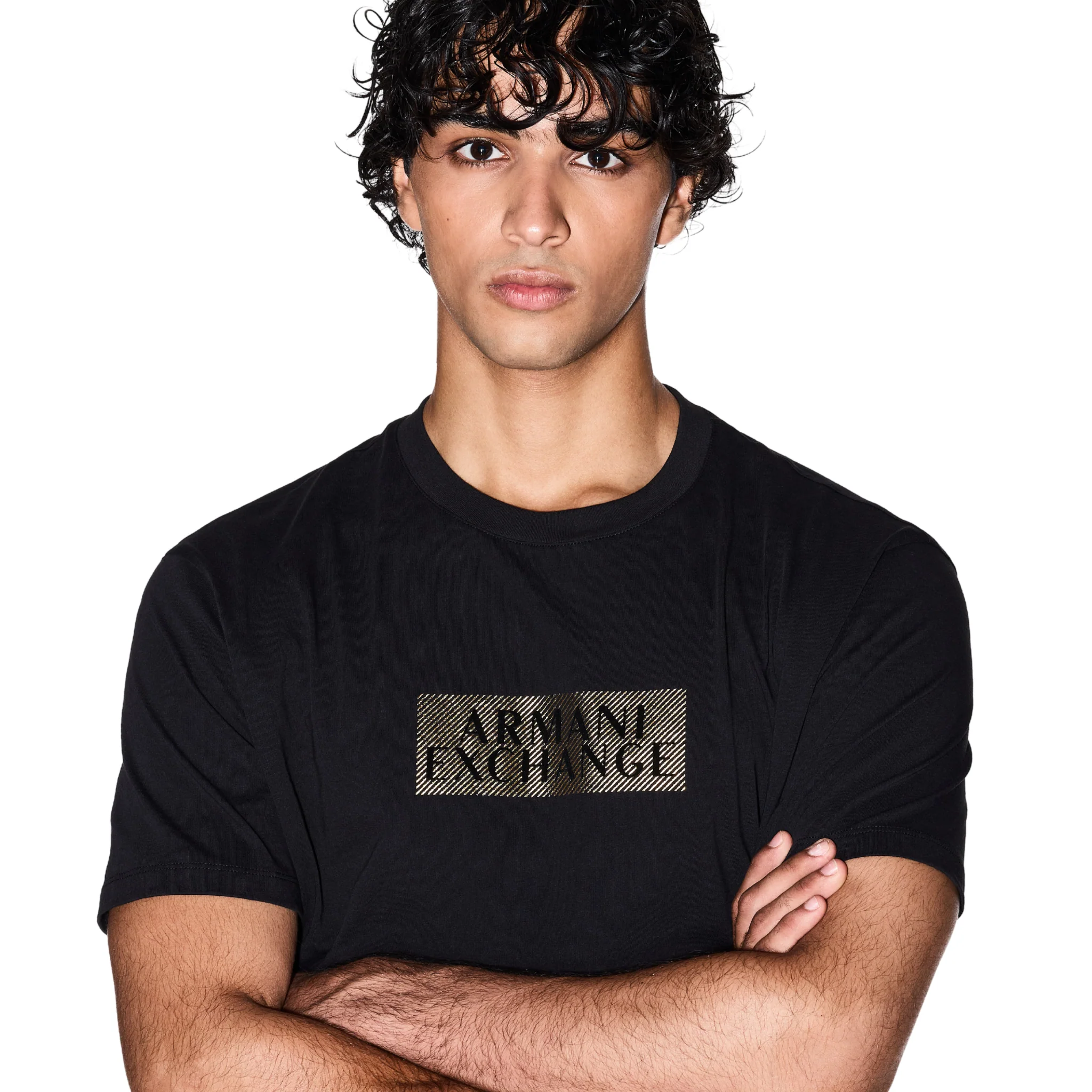 Mens Armani Exchange Black/Diagonal Gold S/s T Shirt - Image 2