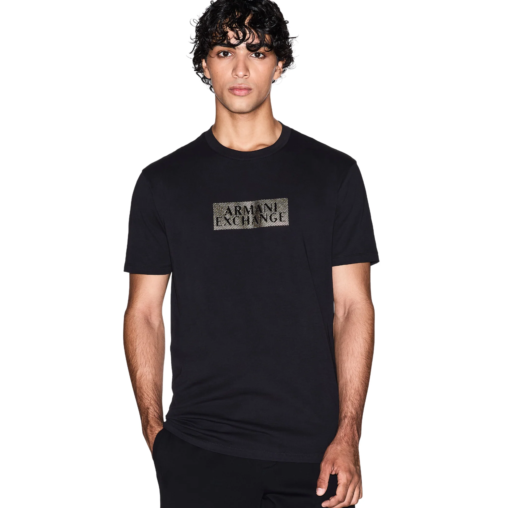 Mens Armani Exchange Black/Diagonal Gold S/s T Shirt - Image 4