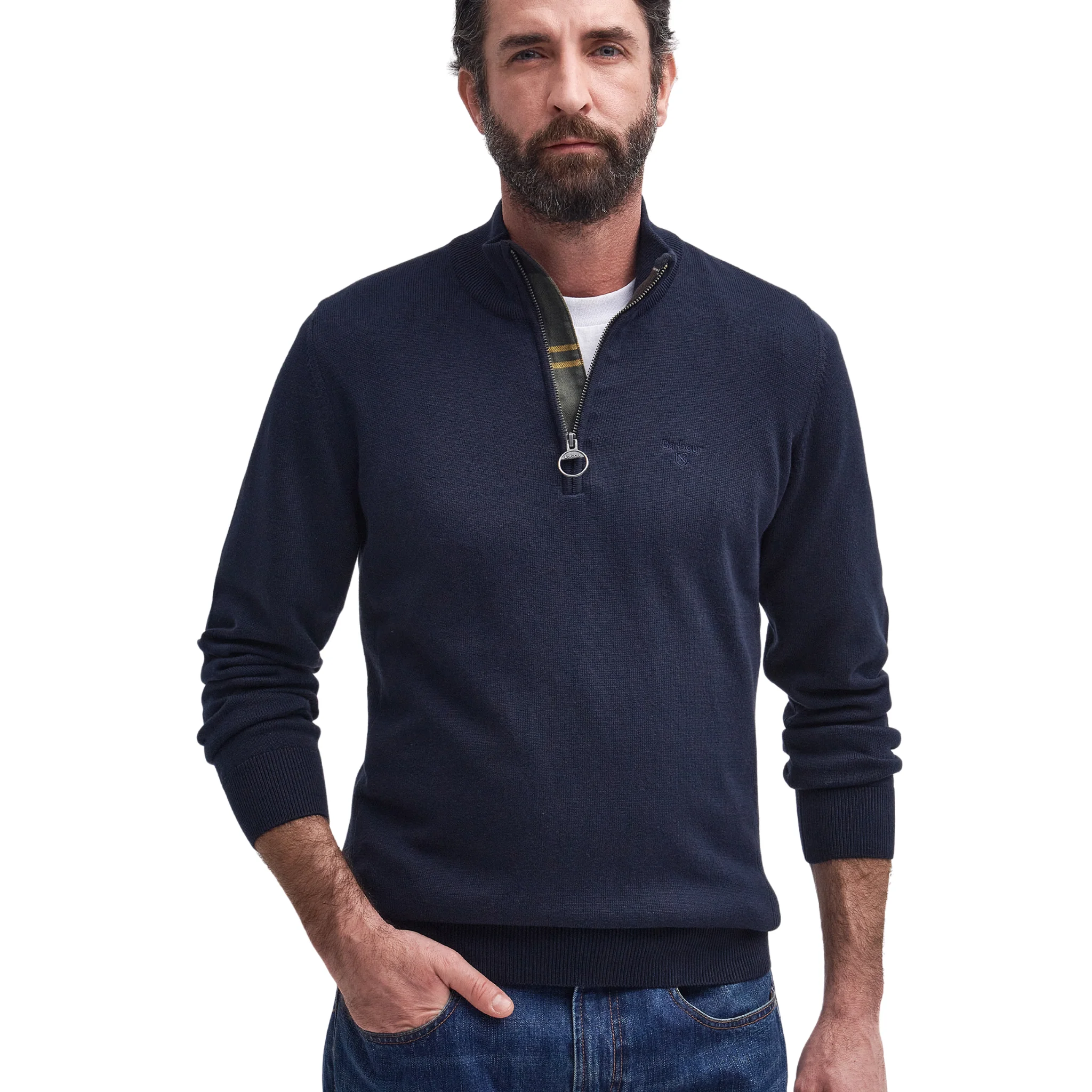 Mens Barbour Navy Cotton Half Zip Knitted Jumper - Image 3