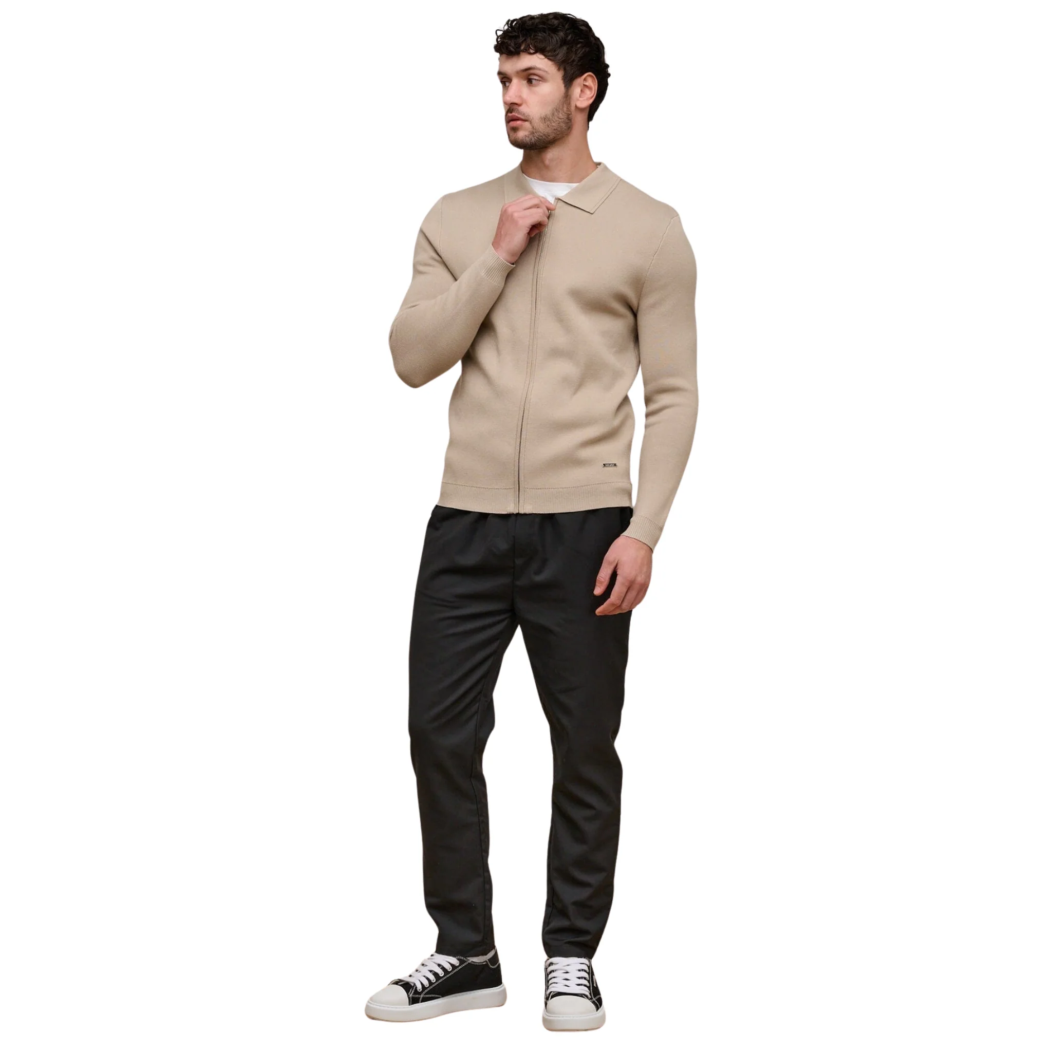 Mens Belier Beige Knit Zip Through Cardigan - Image 2
