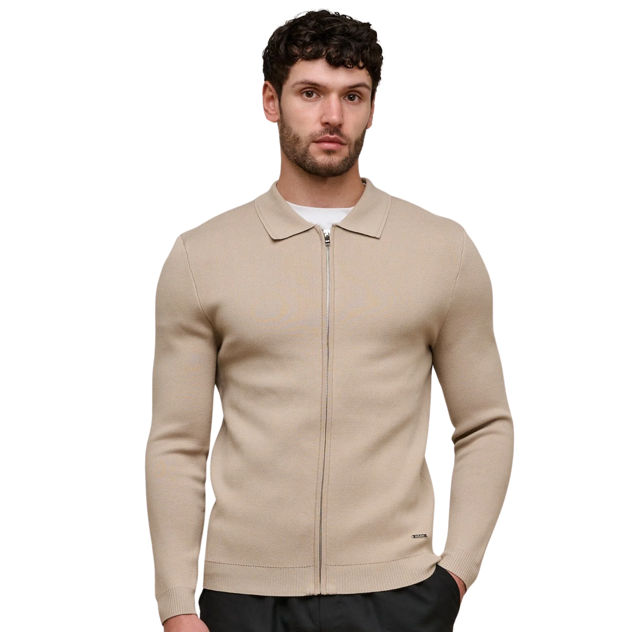 Mens Belier Beige Knit Zip Through Cardigan - Image 3