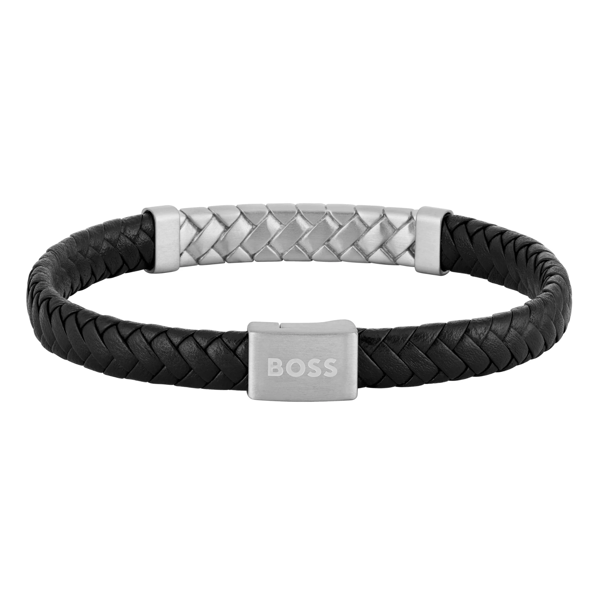 Mens BOSS Black/Silver Tailored Herringbone Leather Bracelet - Image 2