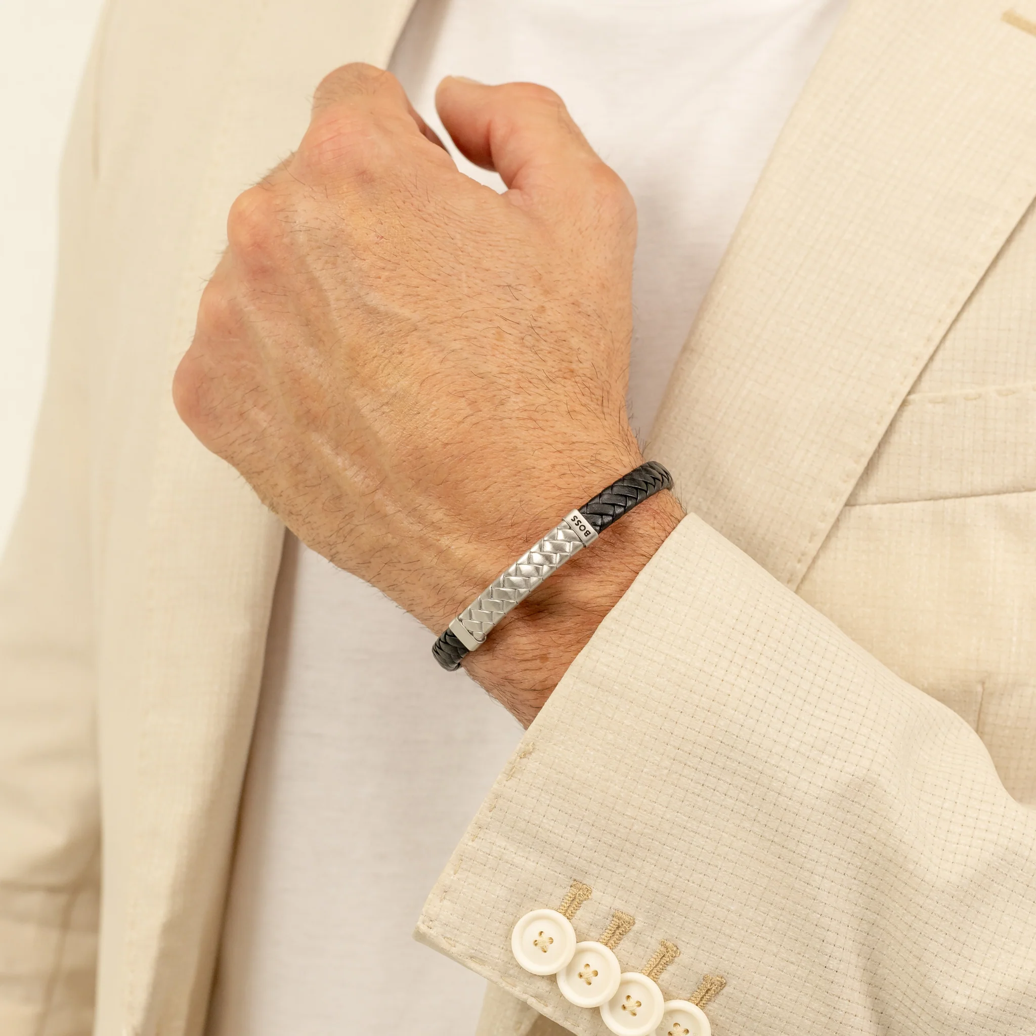 Mens BOSS Black/Silver Tailored Herringbone Leather Bracelet - Image 4