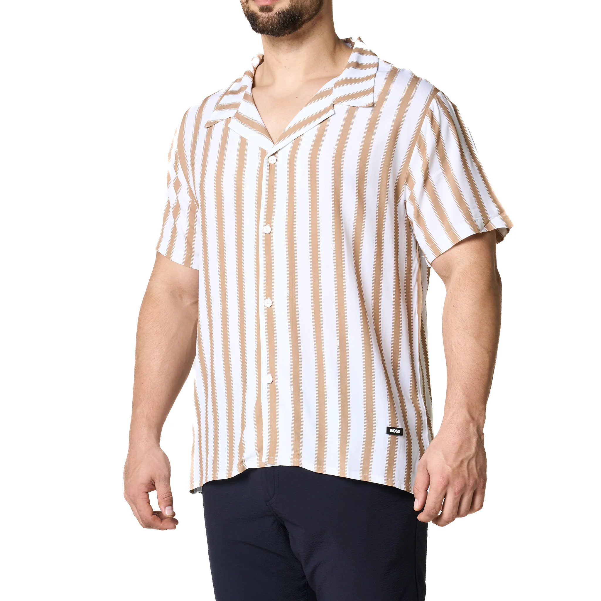 Mens BOSS Natural Stripe Beach Shirt - Image 2