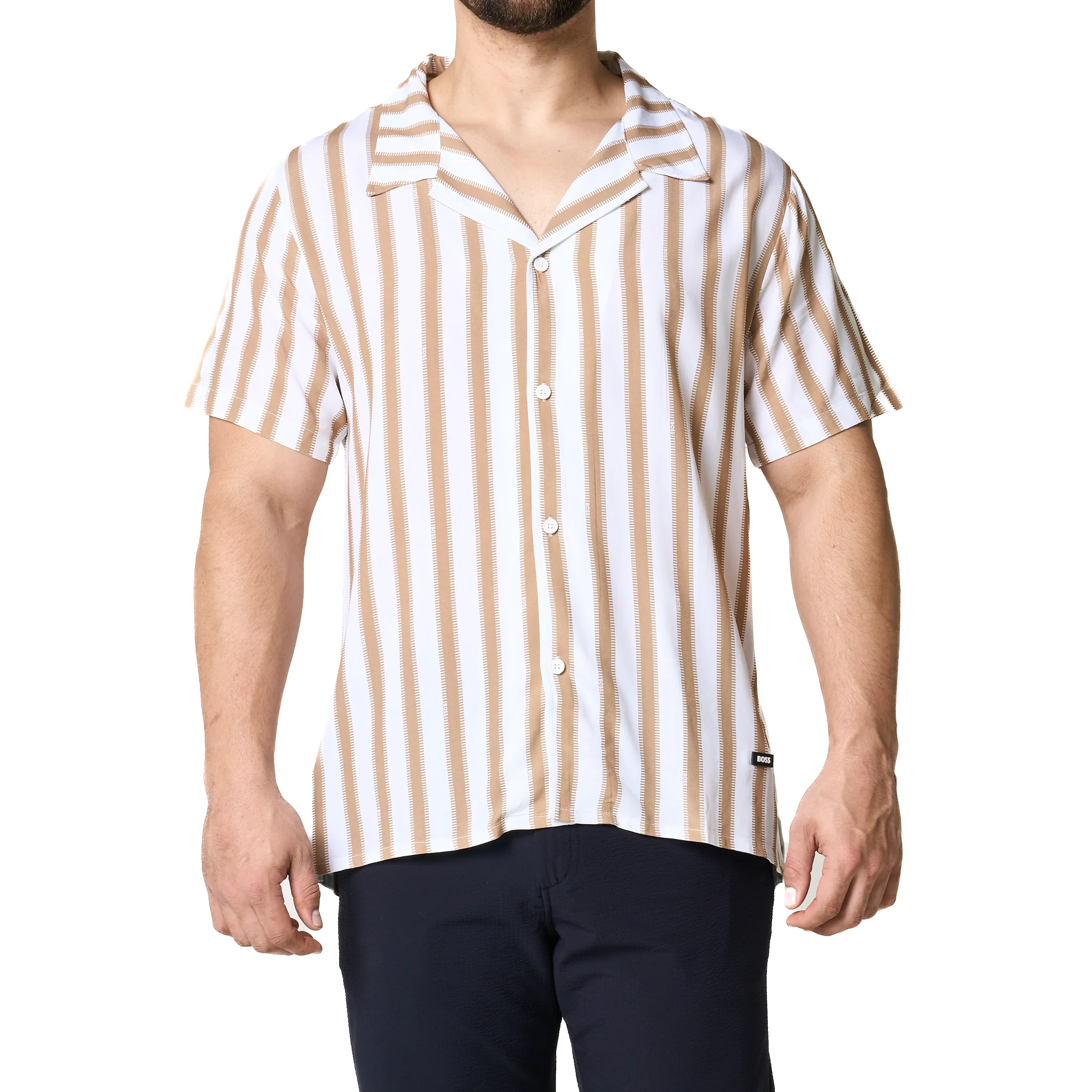 Mens BOSS Natural Stripe Beach Shirt - Image 3