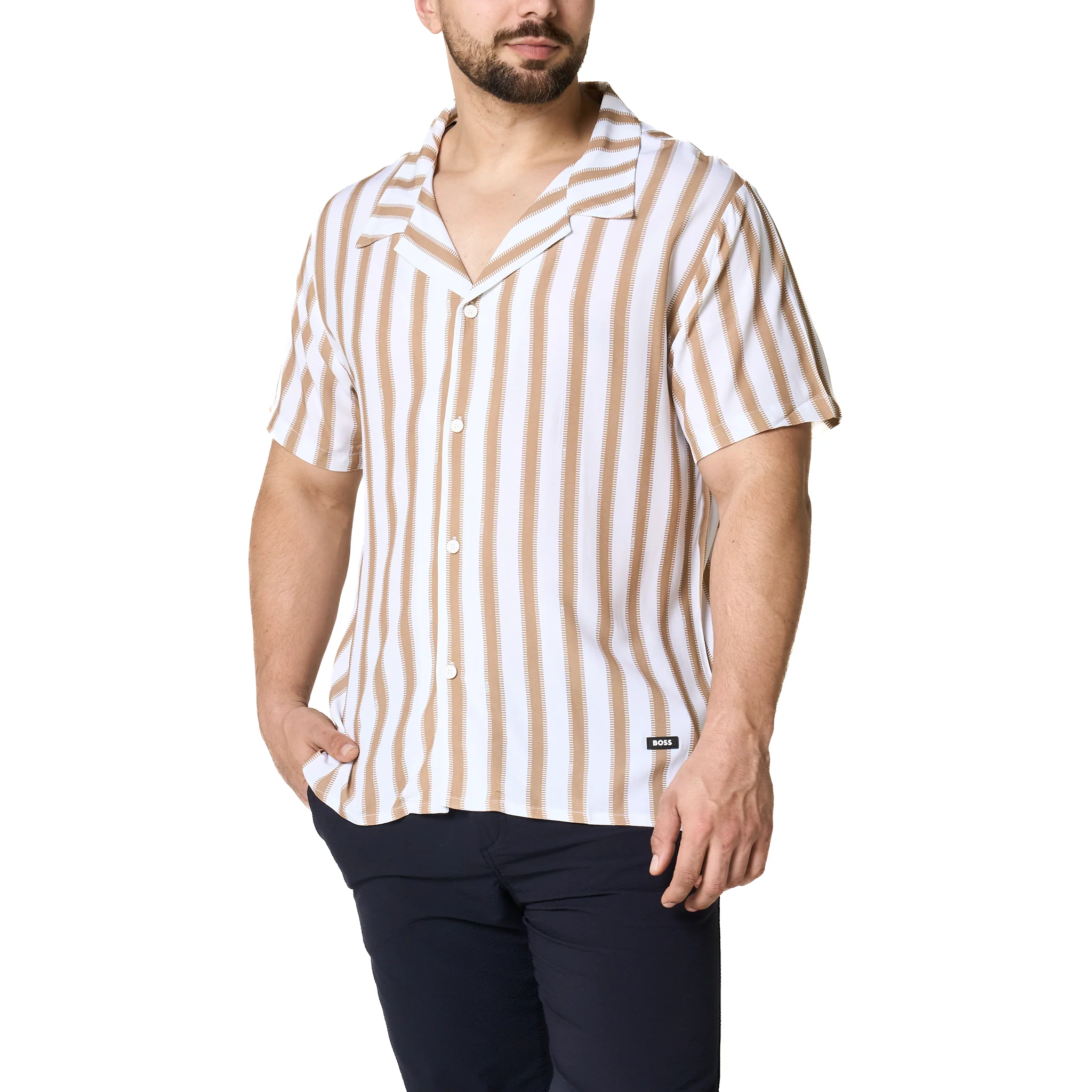 Mens BOSS Natural Stripe Beach Shirt - Image 6