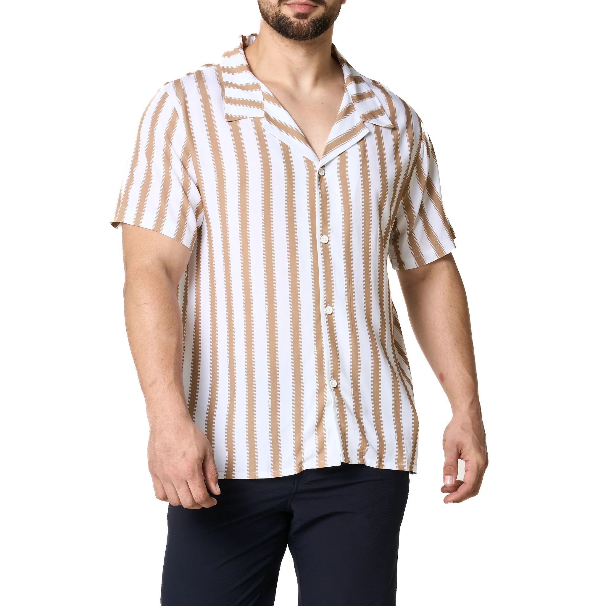 Mens BOSS Natural Stripe Beach Shirt - Image 7