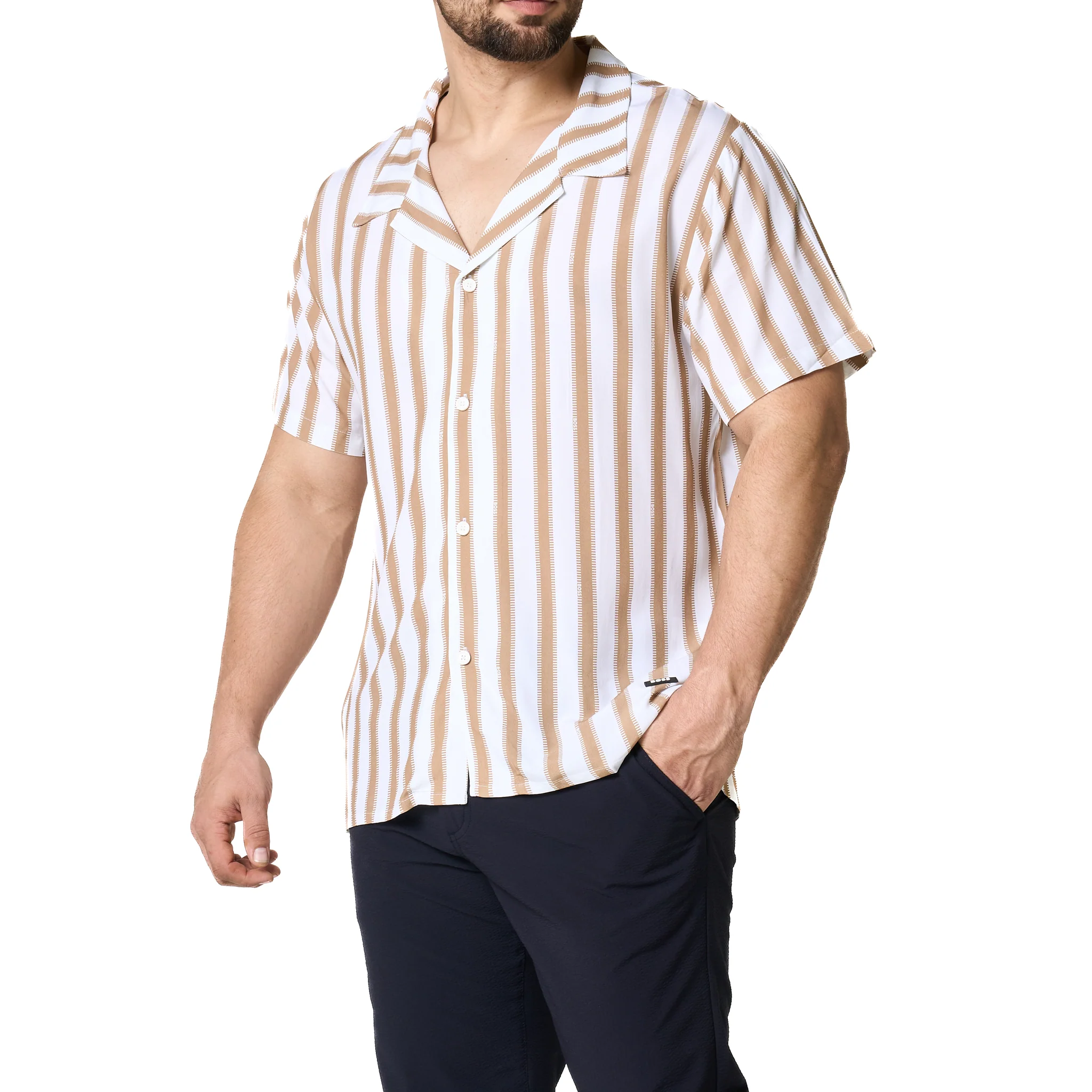 Mens BOSS Natural Stripe Beach Shirt - Image 9