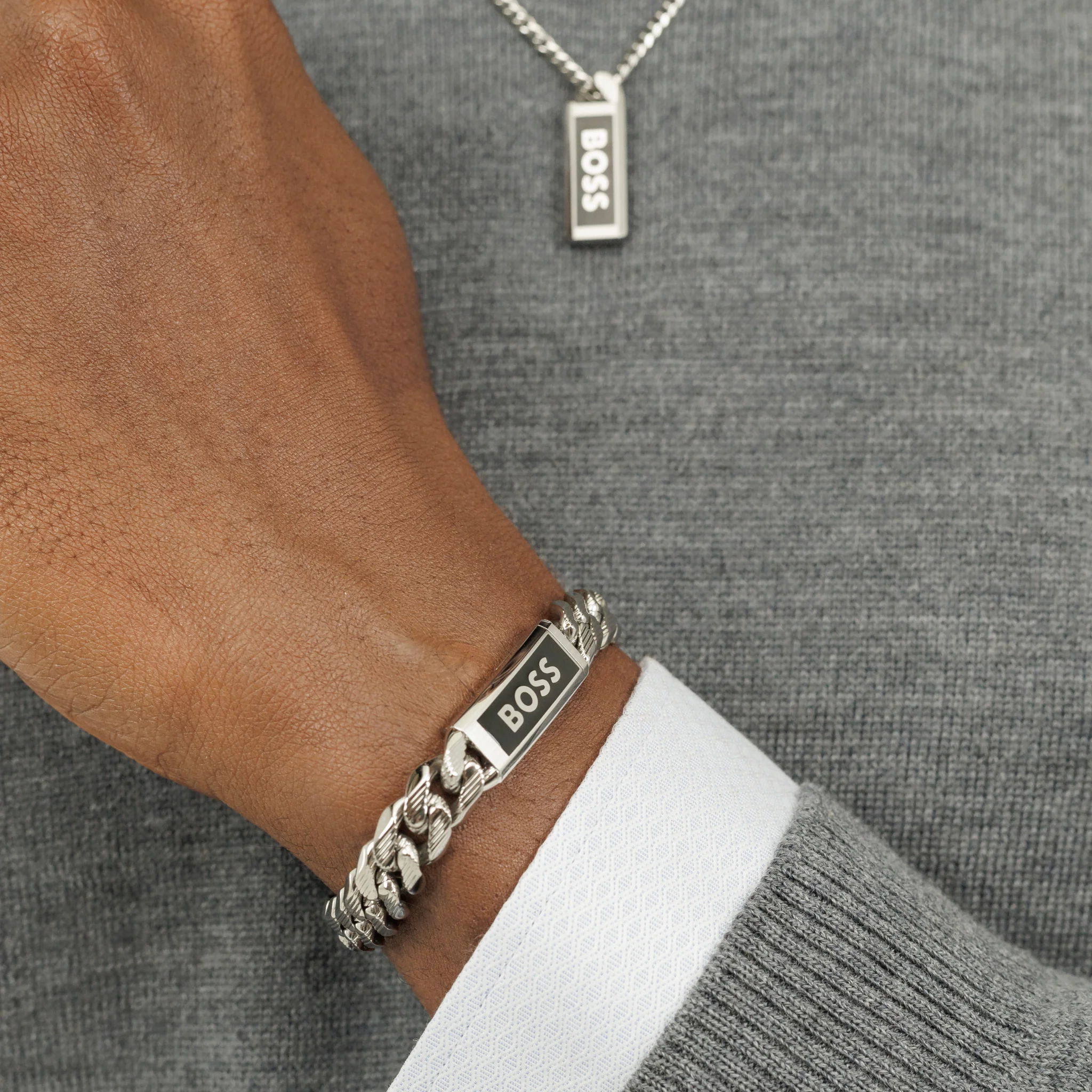 Mens BOSS Silver/Black Kassy Emblem Bracelet - Image 4