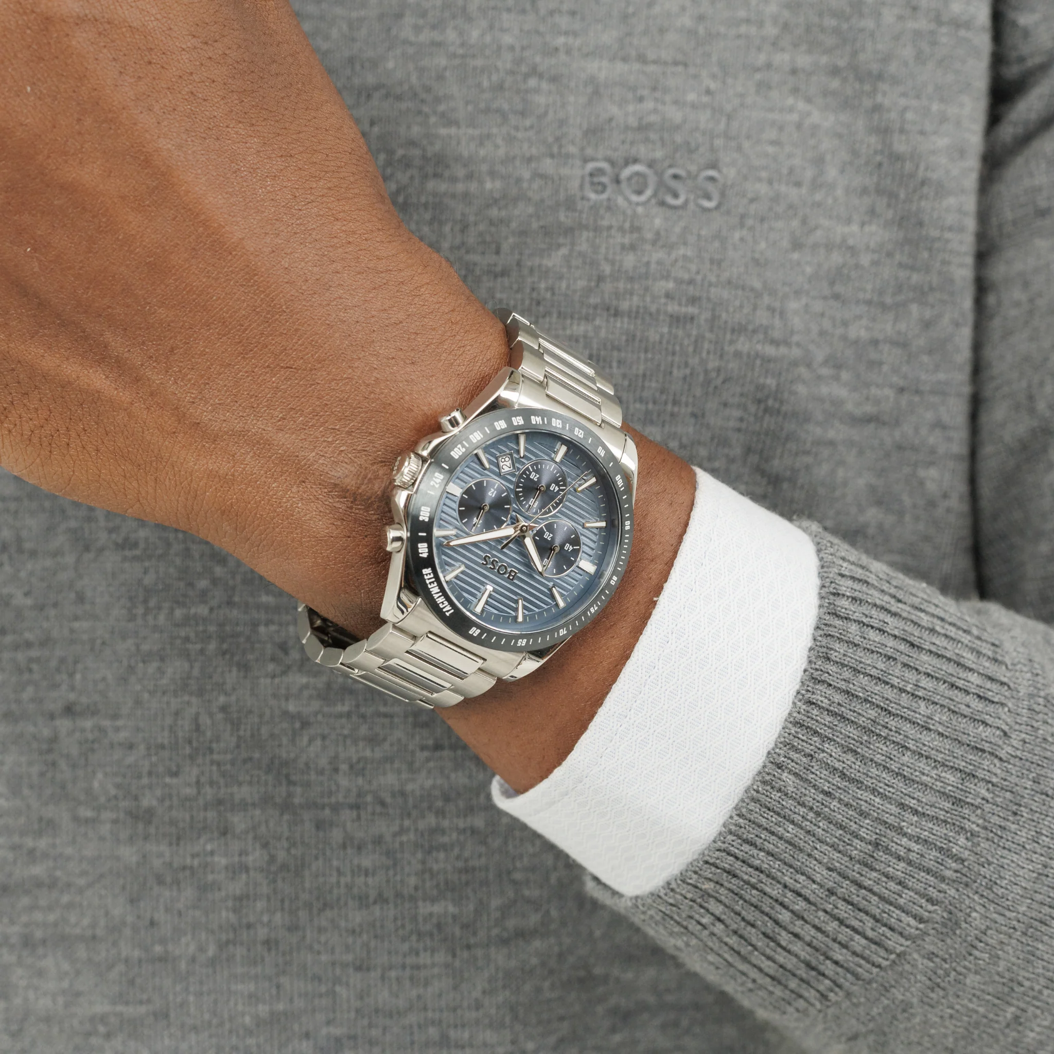 Mens BOSS Silver/Blue Strike Chrono Bracelet Watch - Image 4