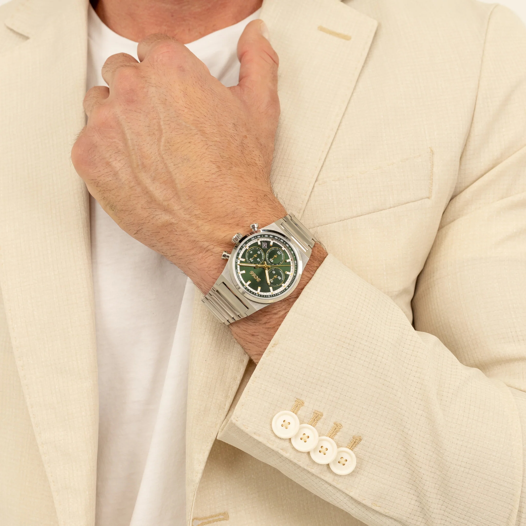 Mens BOSS Silver/Dark Green Candor Chrono Bracelet Watch - Image 5
