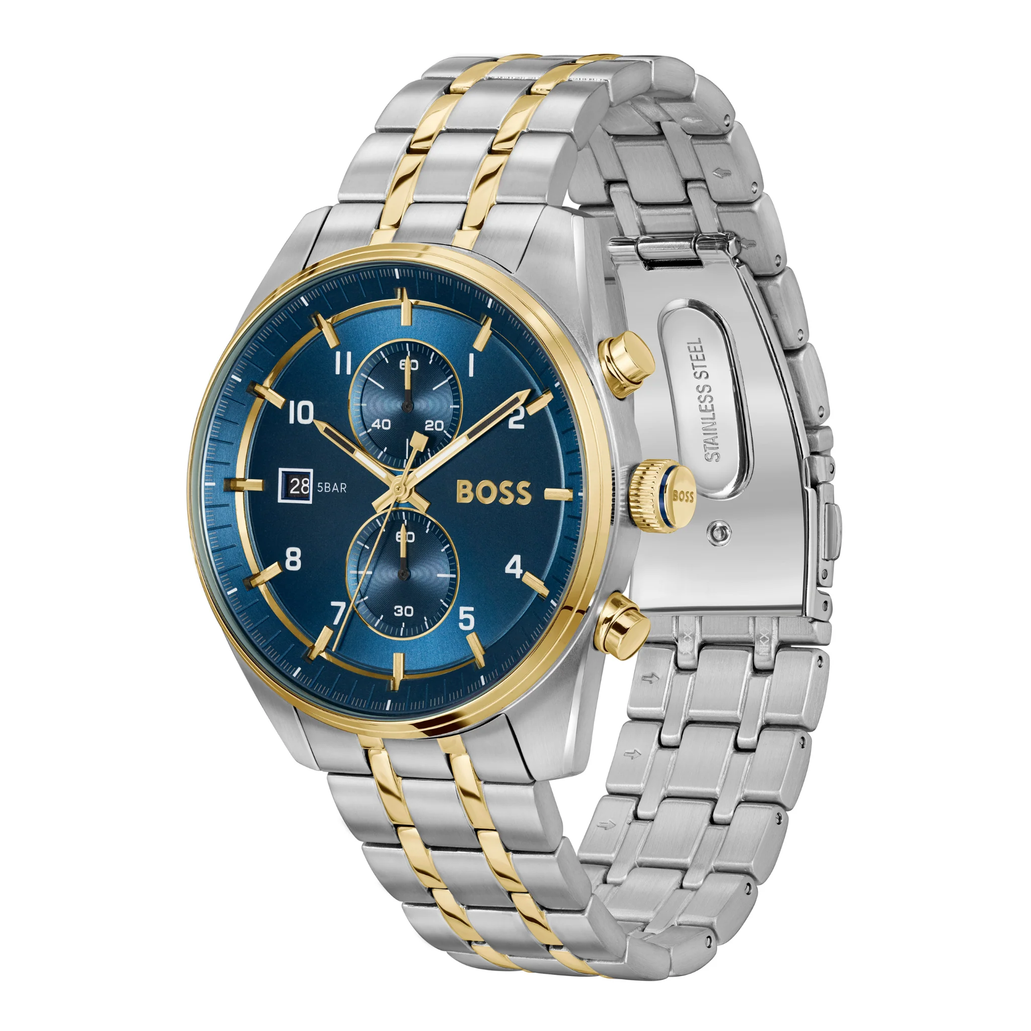 Mens BOSS Silver/Gold/Blue Skytraveller Bracelet Watch - Image 2