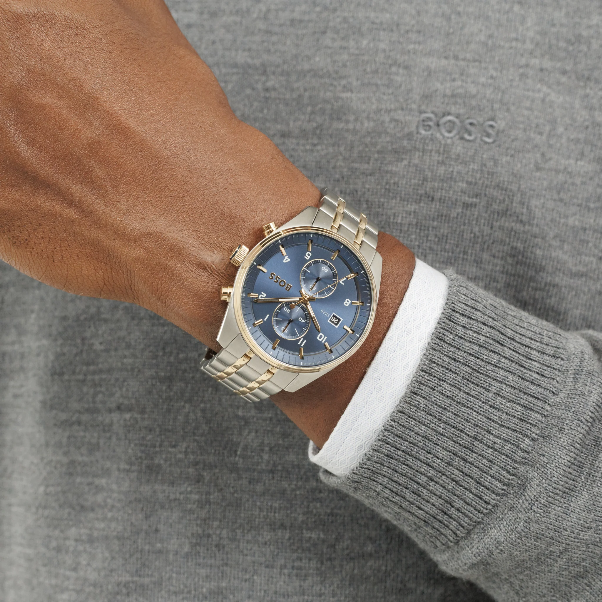 Mens BOSS Silver/Gold/Blue Skytraveller Bracelet Watch - Image 6