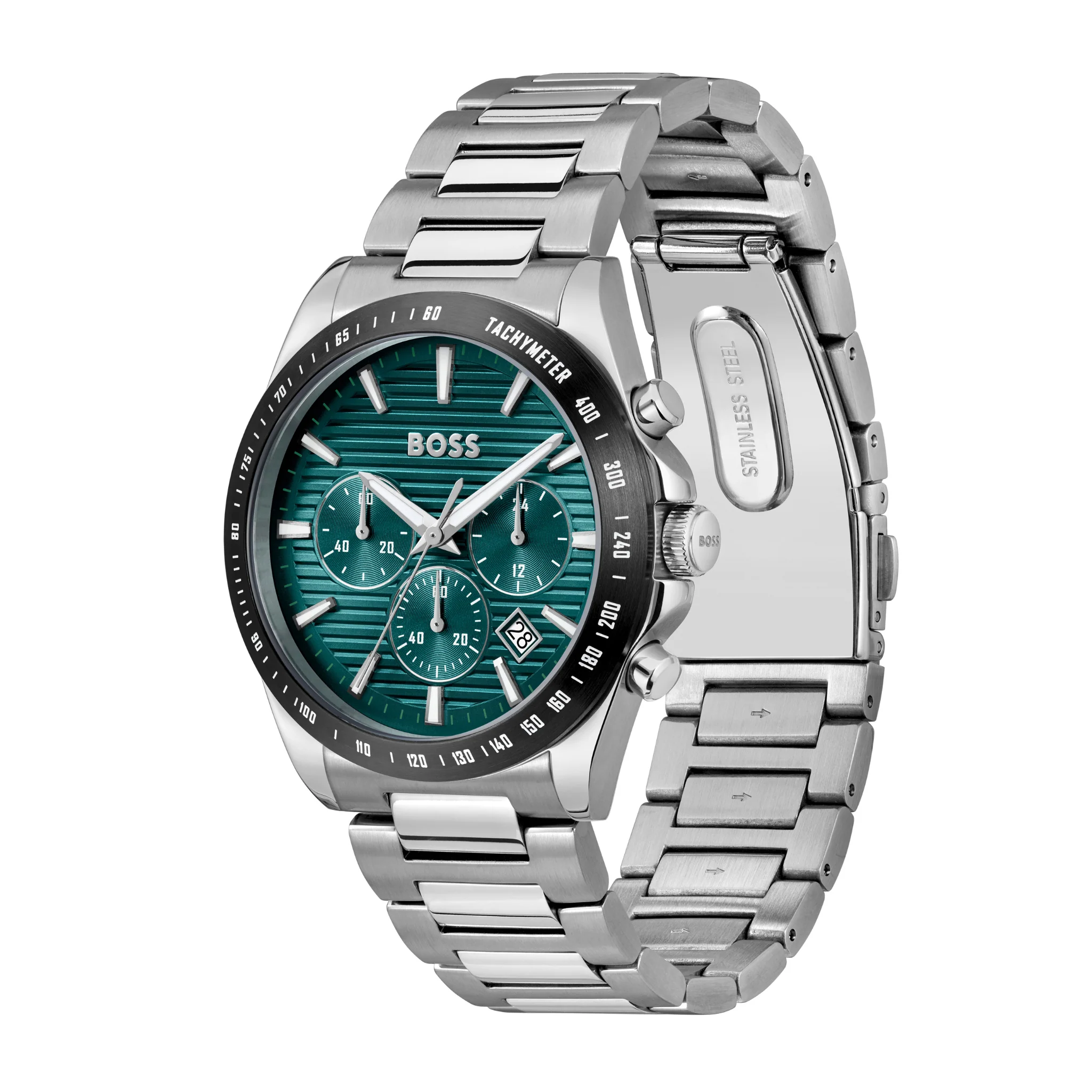 Mens BOSS Silver/Teal Strike Chrono Bracelet Watch - Image 2