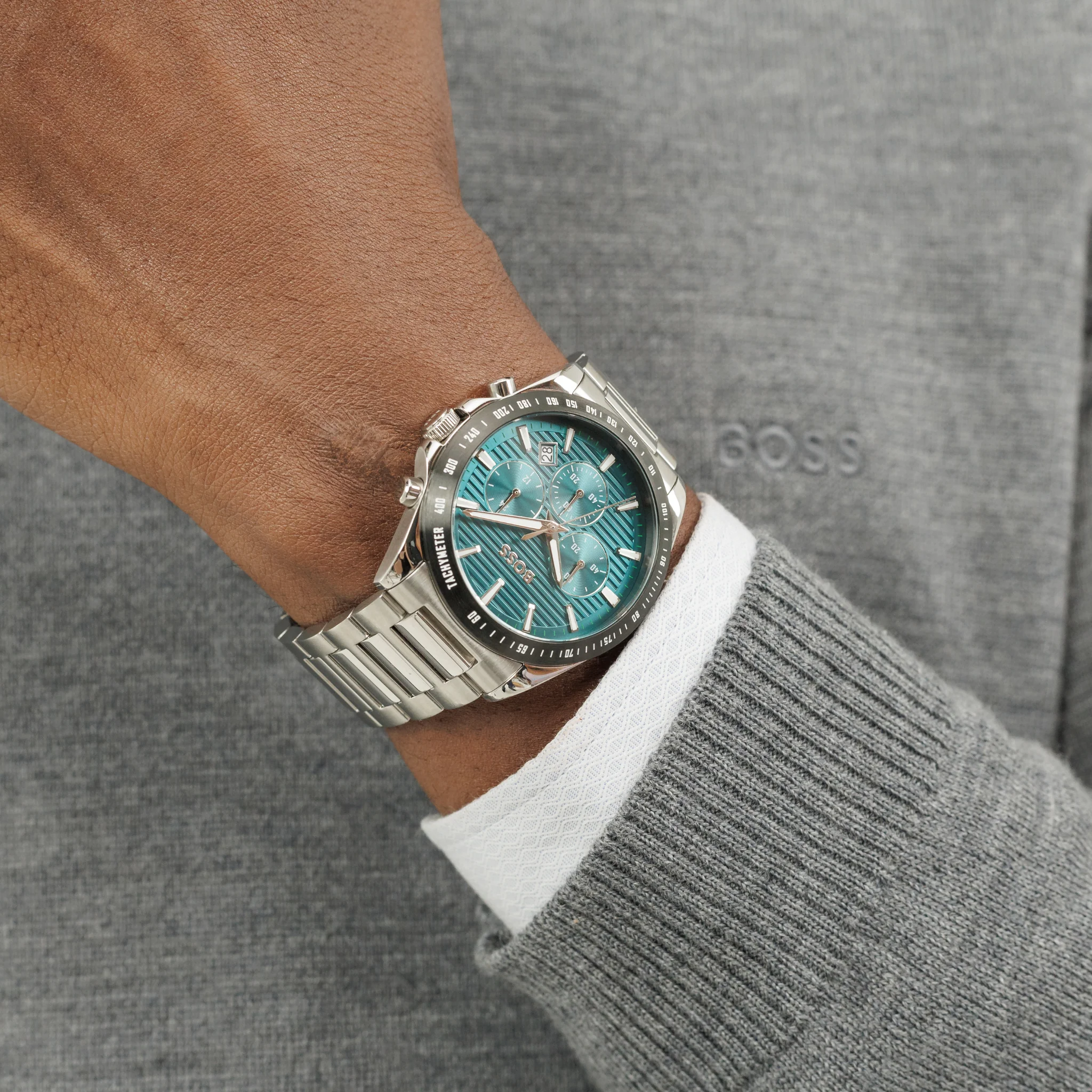 Mens BOSS Silver/Teal Strike Chrono Bracelet Watch - Image 6