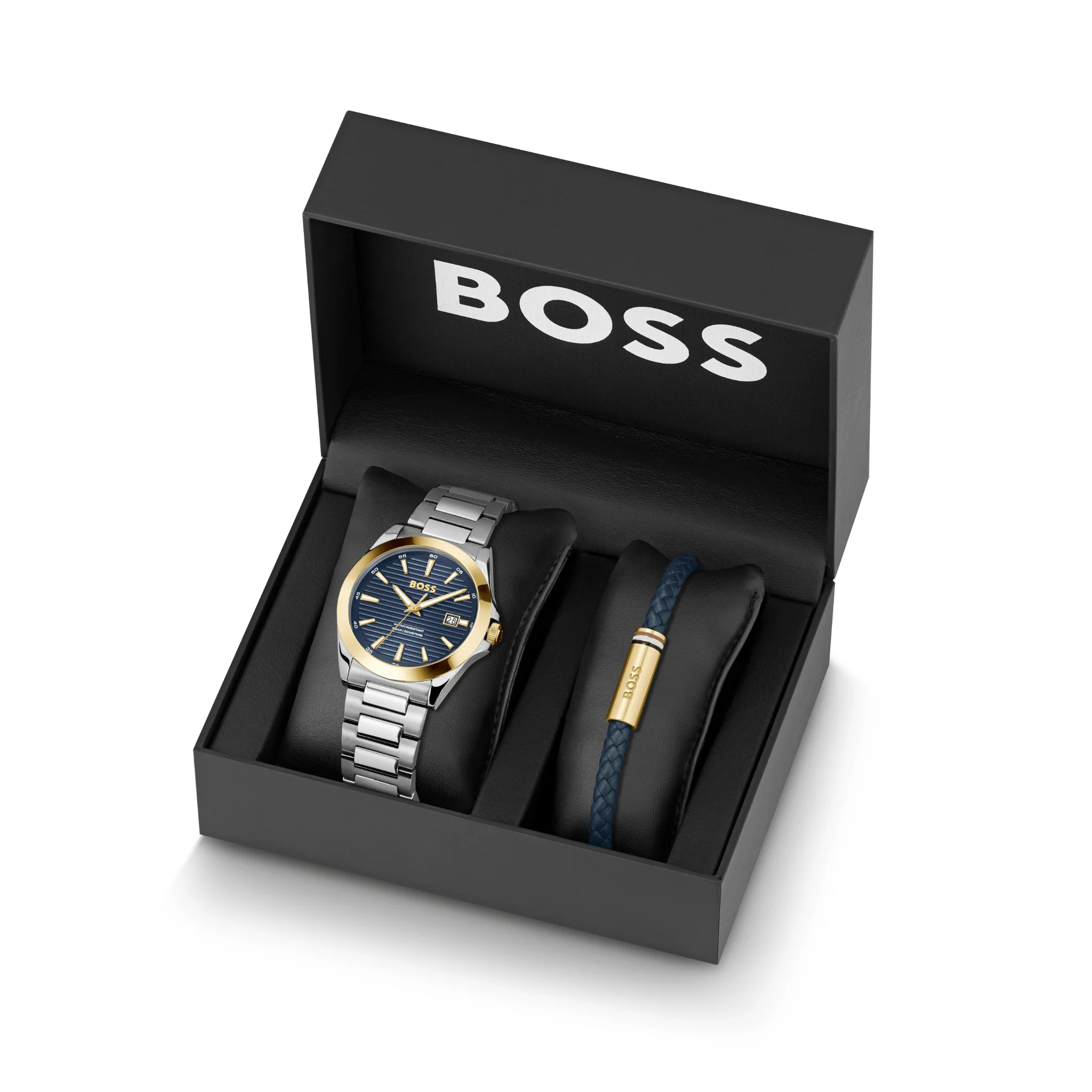Mens BOSS Stainless Steel/Gold/Blue Strike Watch & Bracelet Gift Set - Image 3