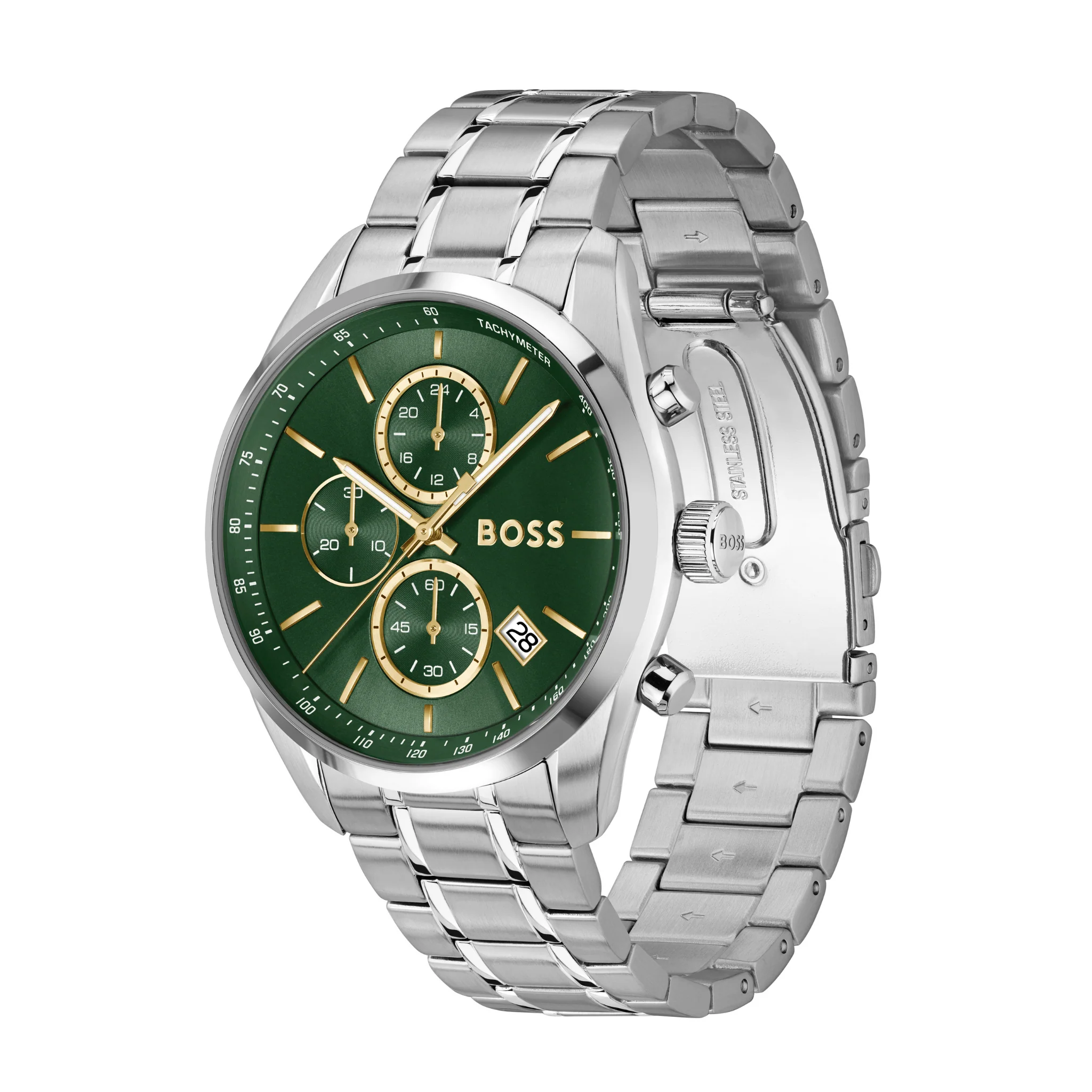 Mens BOSS Stainless Steel/Green Dial Grand Prix 44 Bracelet Watch - Image 2