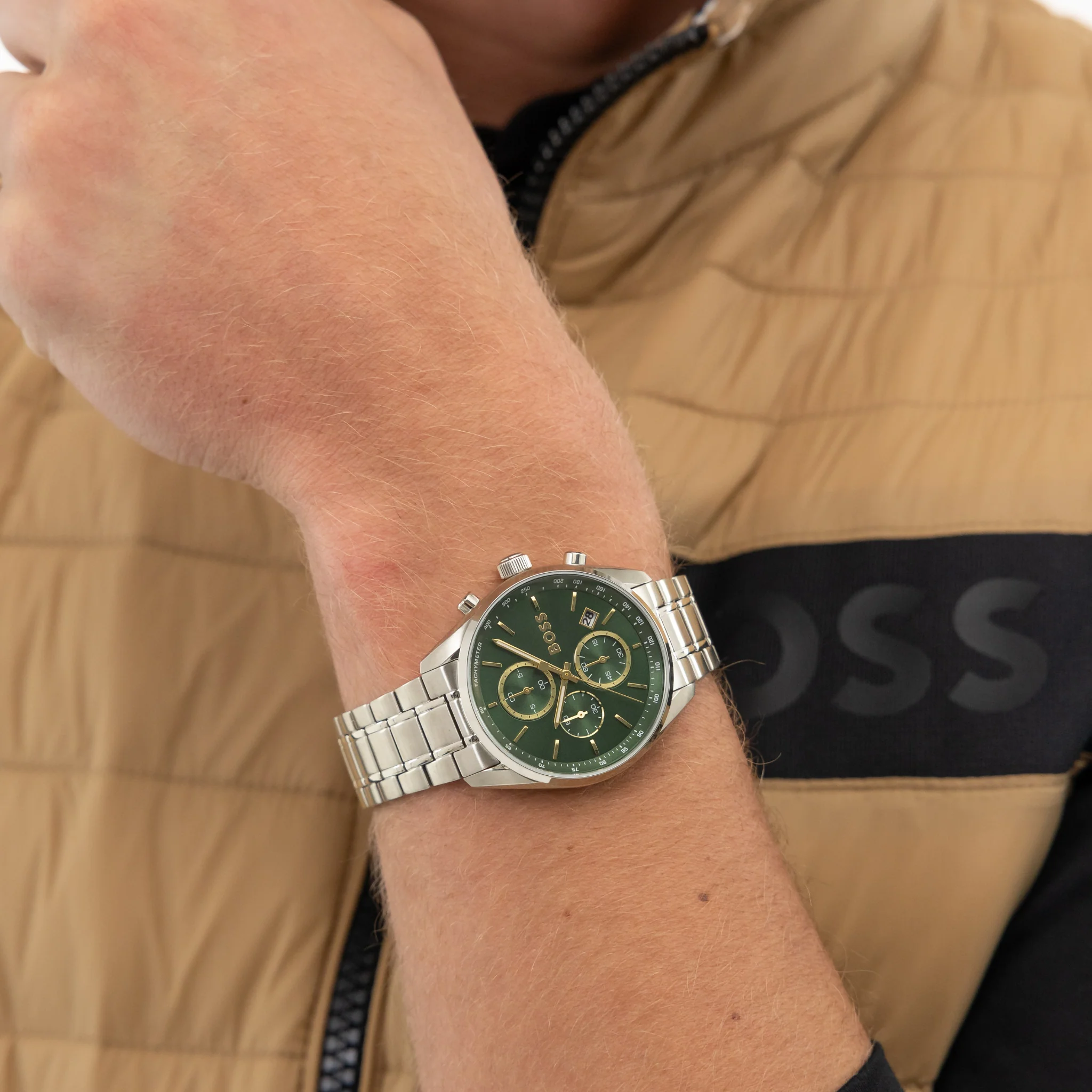 Mens BOSS Stainless Steel/Green Dial Grand Prix 44 Bracelet Watch - Image 3