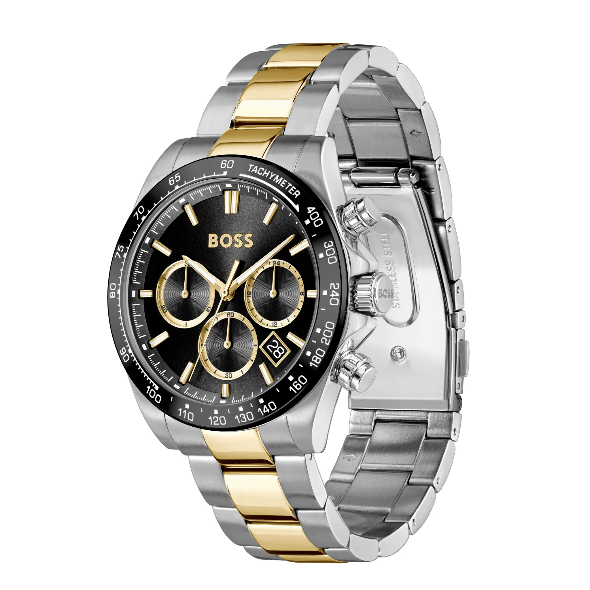 Mens BOSS Stainless Steel/Light Gold/Black Dial Hero 2.0 Bracelet Watch - Image 2