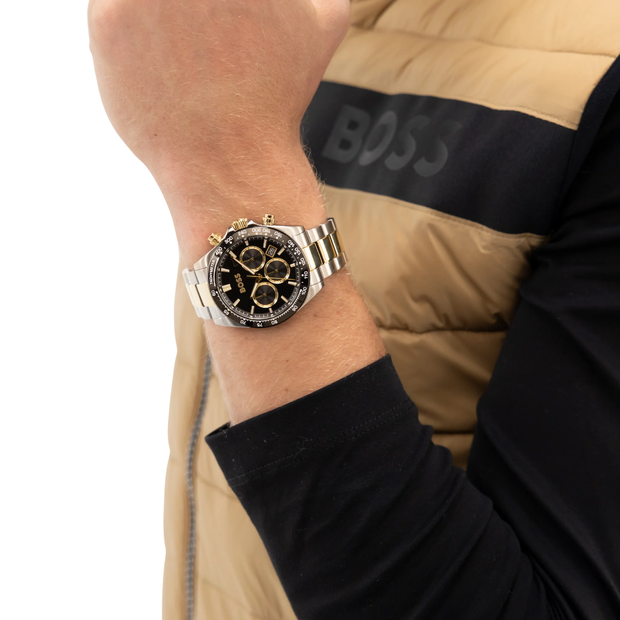 Mens BOSS Stainless Steel/Light Gold/Black Dial Hero 2.0 Bracelet Watch - Image 3