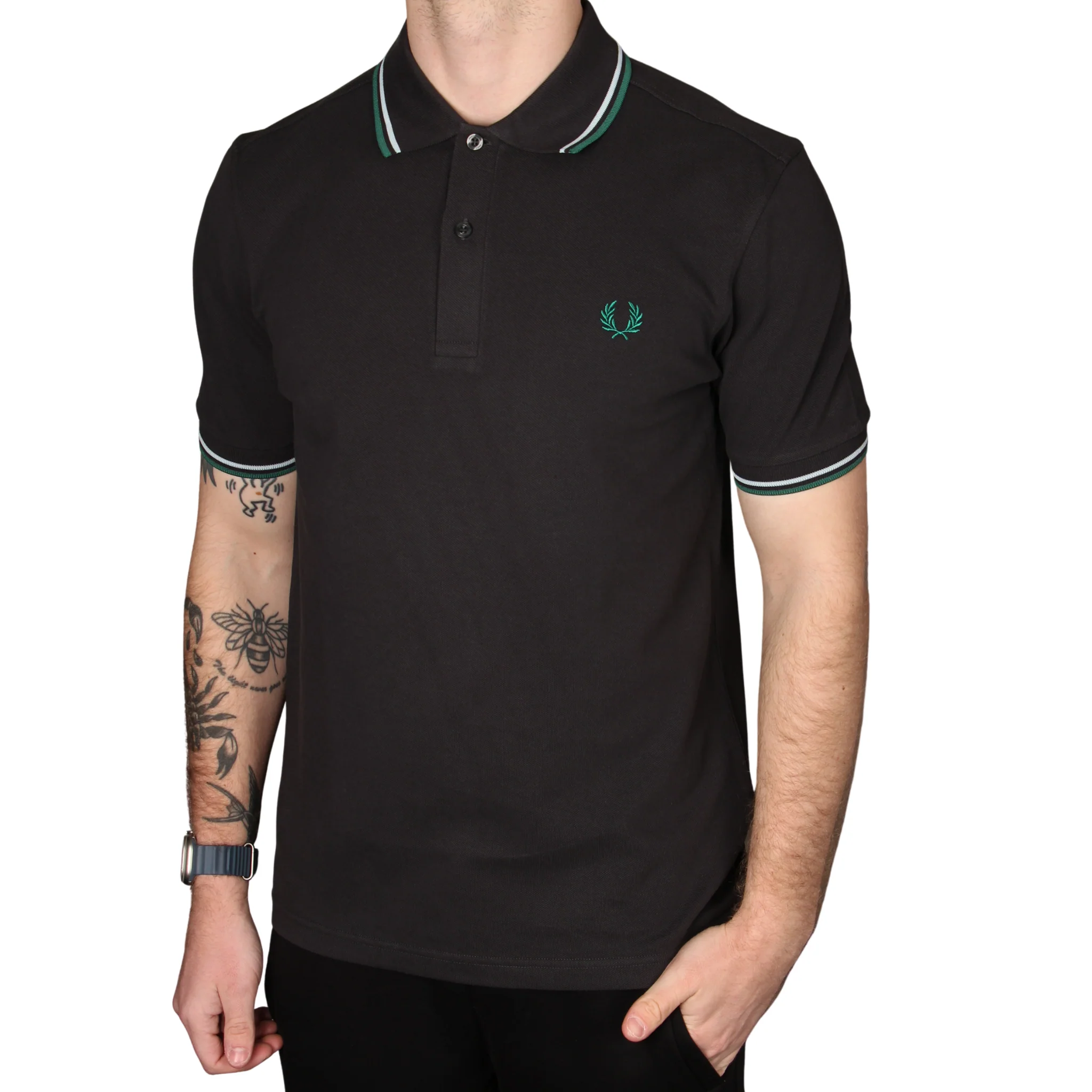 Mens Fred Perry Anchor Grey/Light Ice/Green Twin Tipped S/s Polo - Image 2