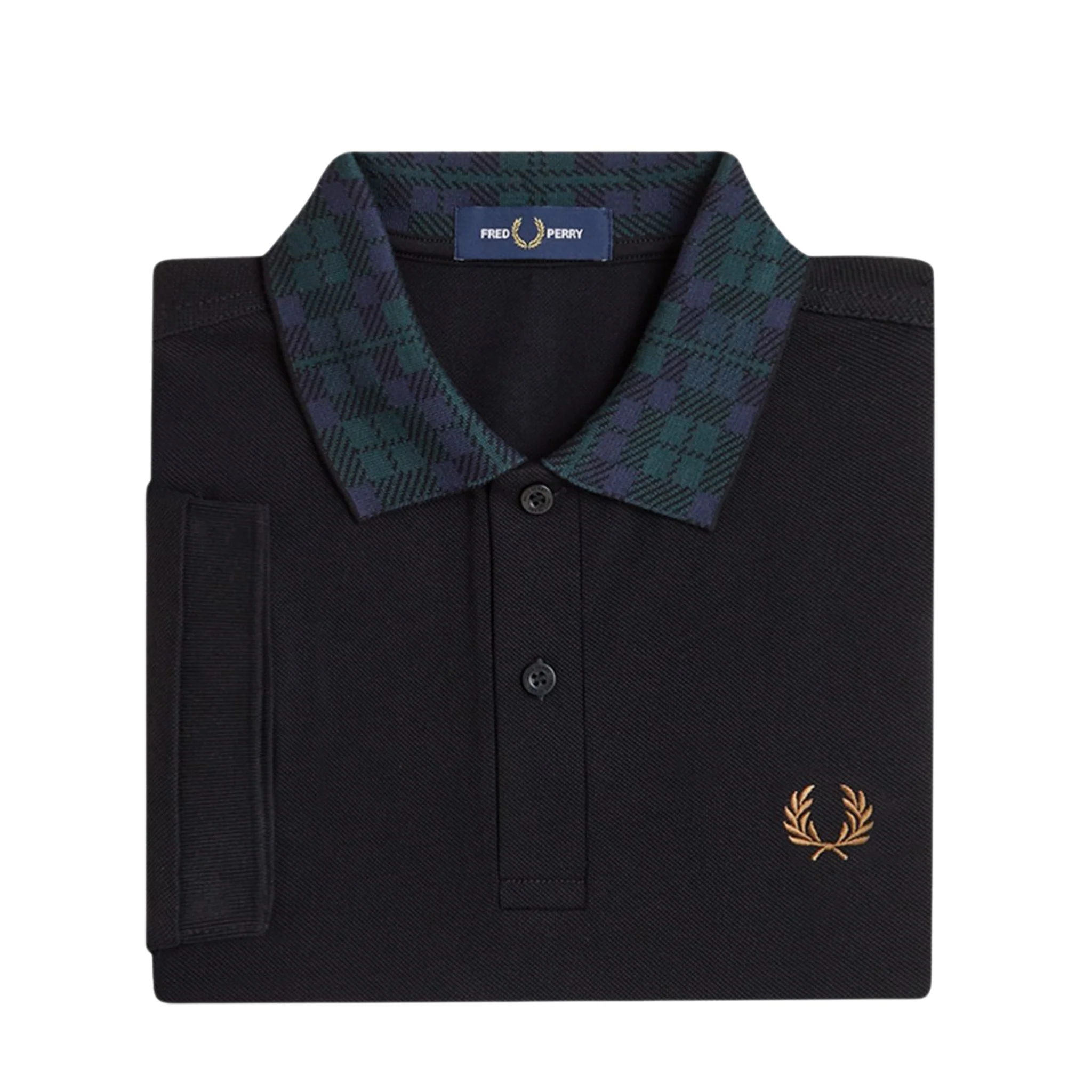 Mens Fred Perry Black Blackwatch Tartan Collar S/s Polo - Image 2