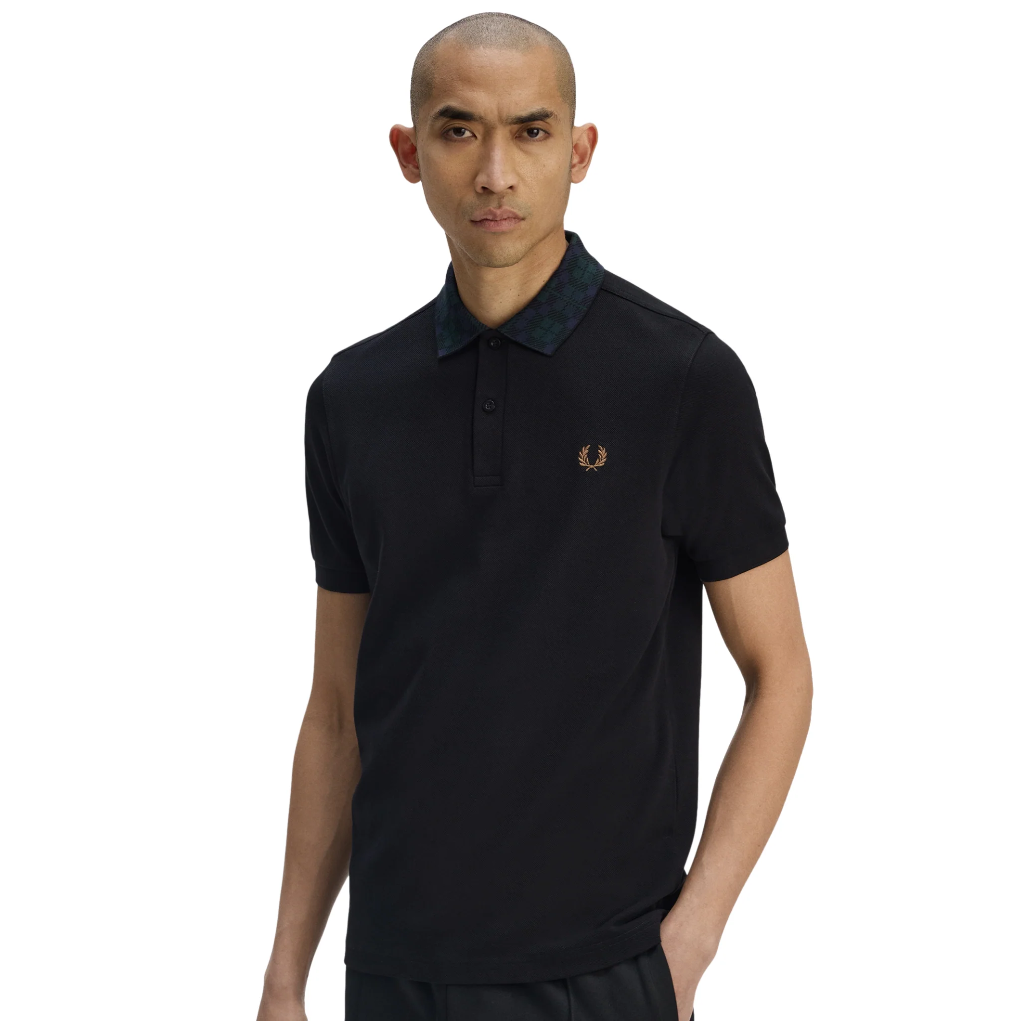 Mens Fred Perry Black Blackwatch Tartan Collar S/s Polo - Image 3