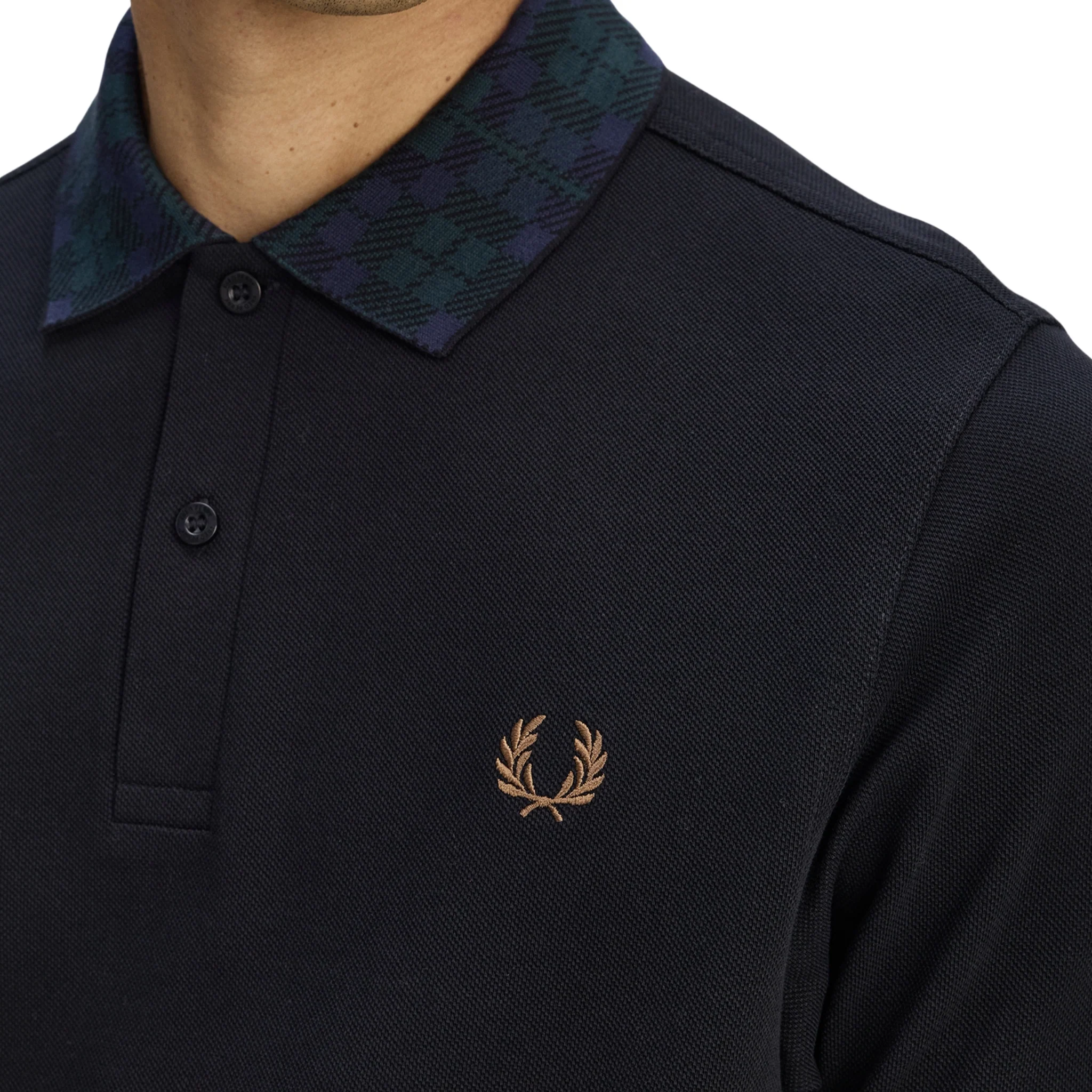 Mens Fred Perry Black Blackwatch Tartan Collar S/s Polo - Image 4