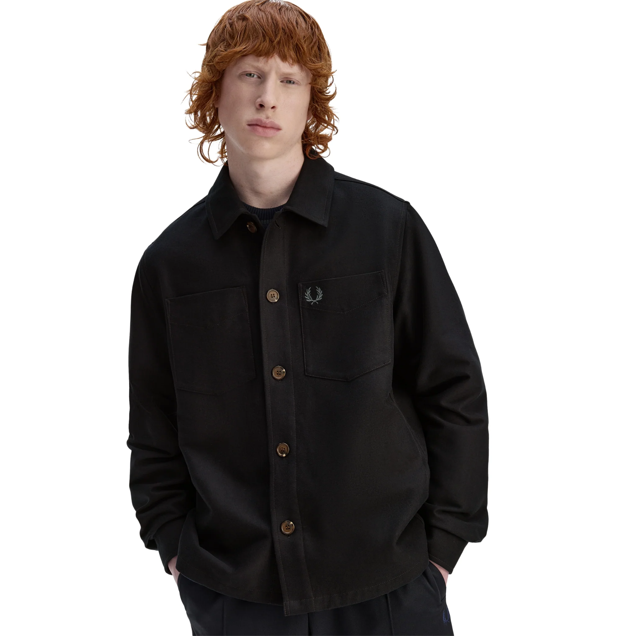 Mens Fred Perry Black Brushed Twill Overshirt - Image 2