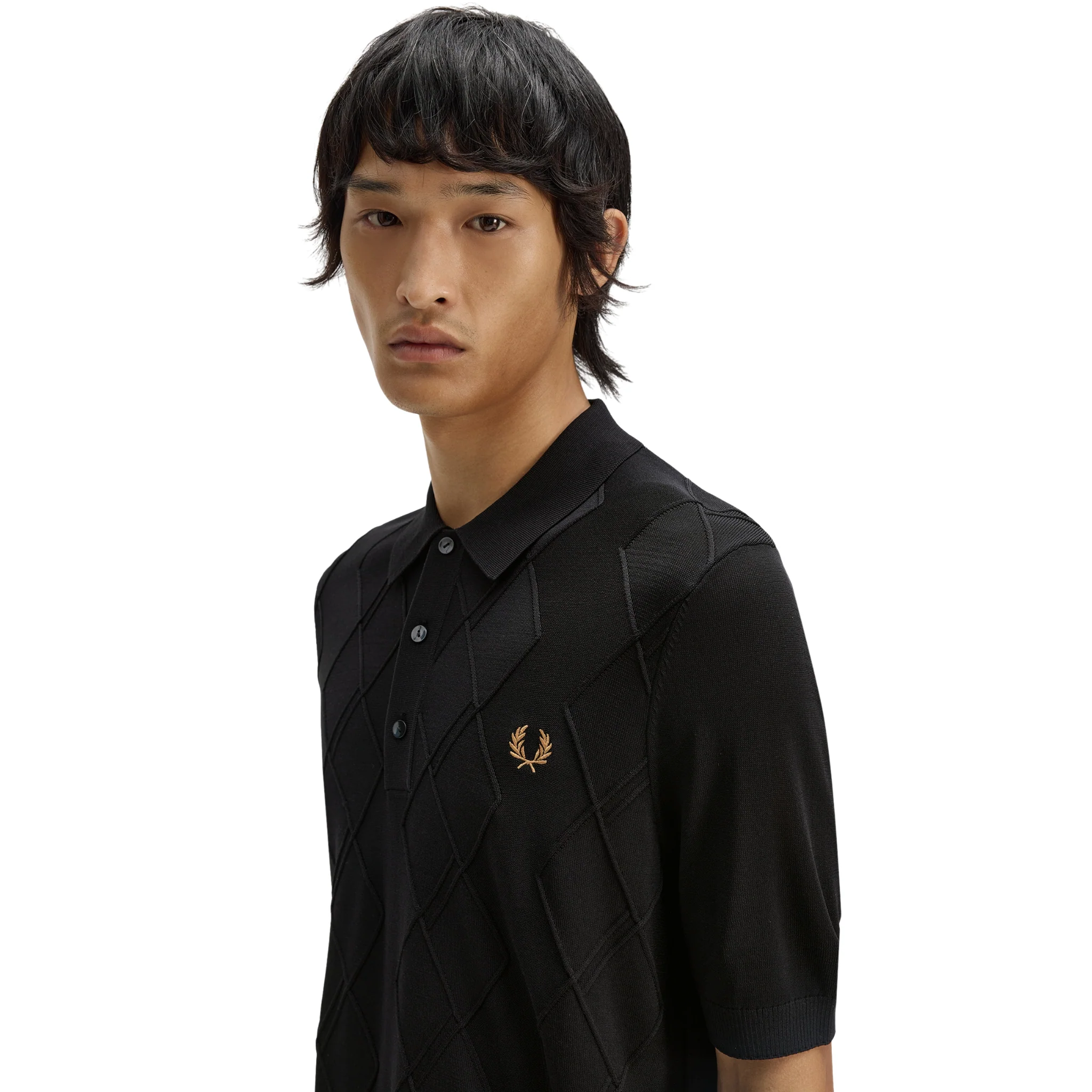 Mens Fred Perry Black Cable Knitted S/s Polo Shirt - Image 4