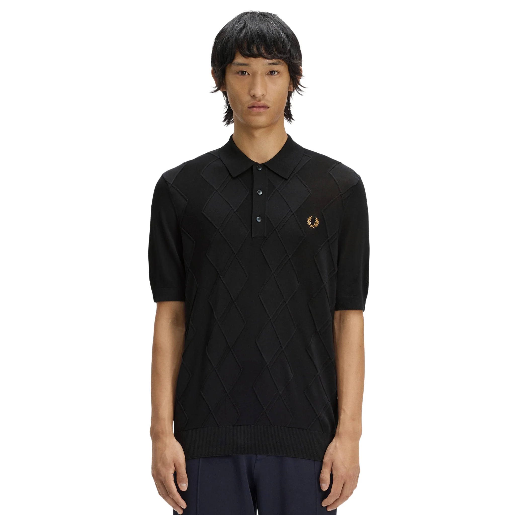 Mens Fred Perry Black Cable Knitted S/s Polo Shirt - Image 6