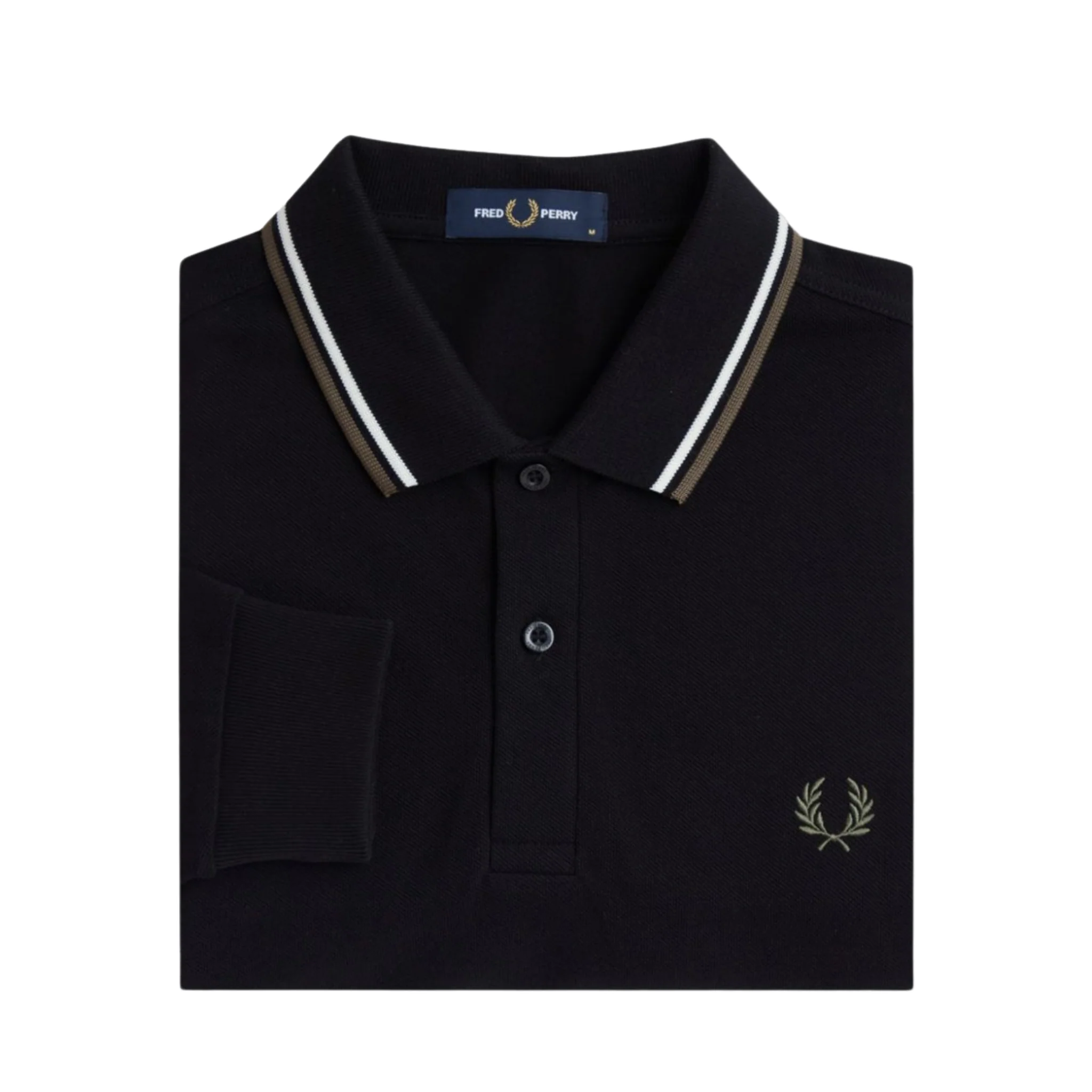 Mens Fred Perry Black/Ecru/Laurel Green Twin Tipped L/s Polo - Image 2