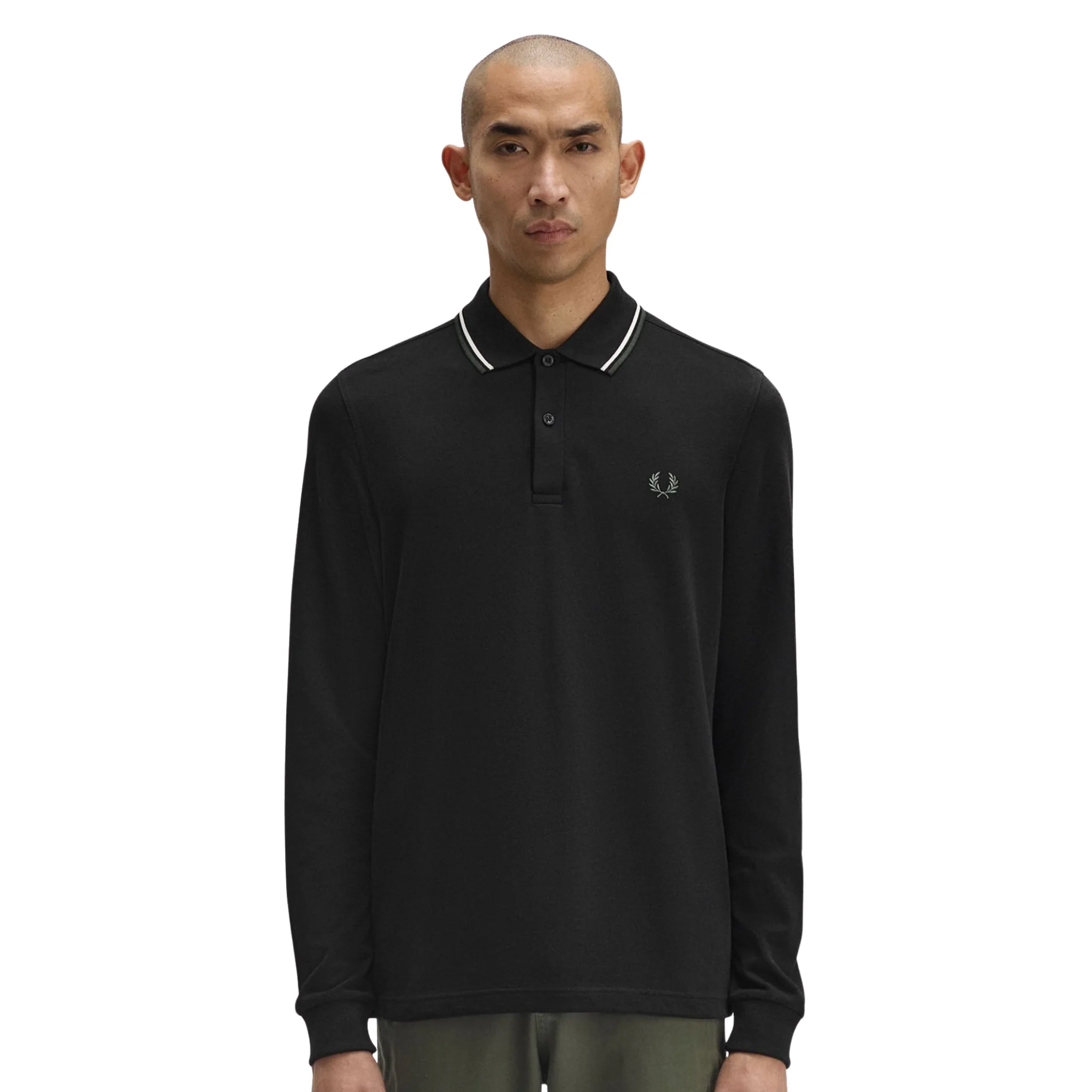 Mens Fred Perry Black/Ecru/Laurel Green Twin Tipped L/s Polo - Image 3