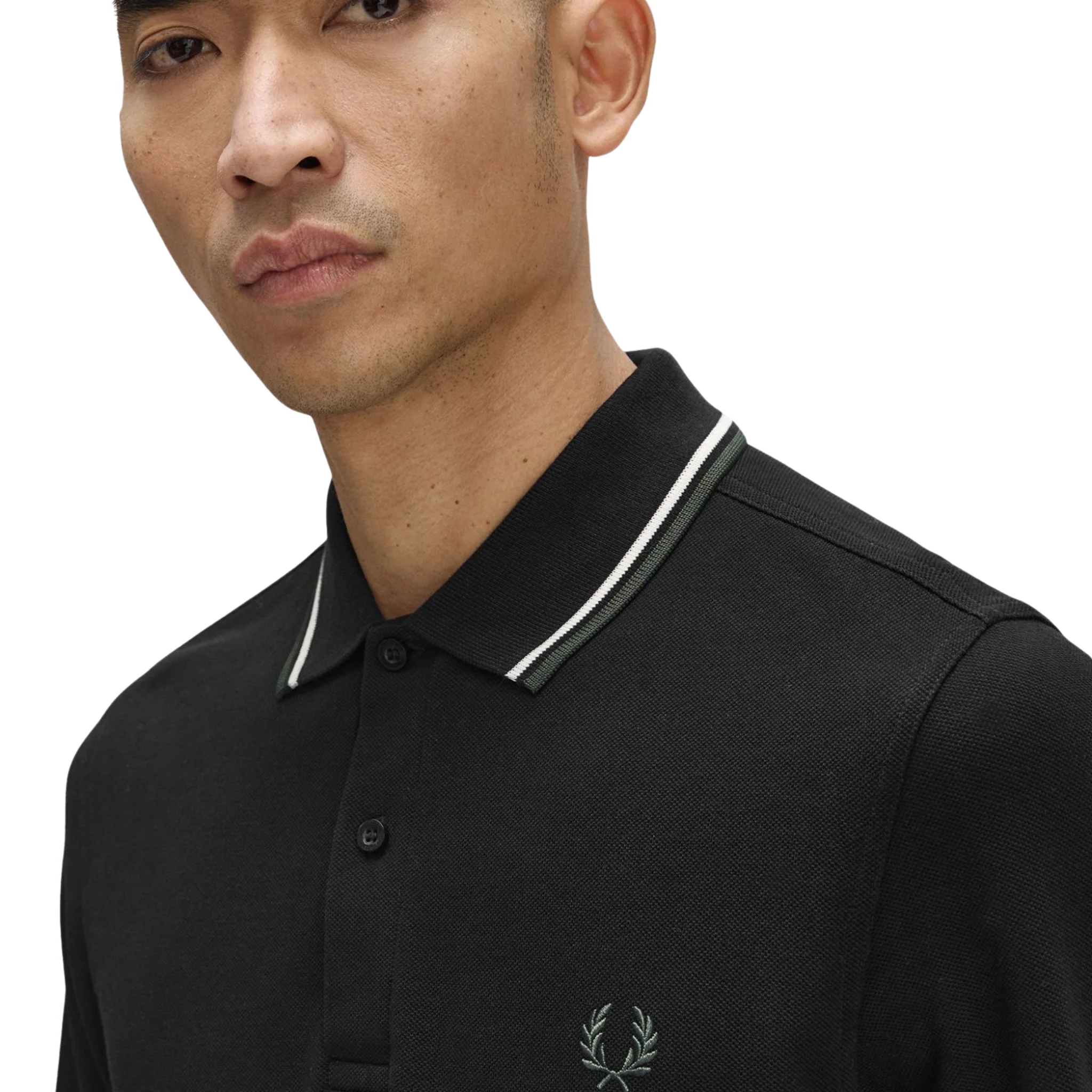 Mens Fred Perry Black/Ecru/Laurel Green Twin Tipped L/s Polo - Image 4