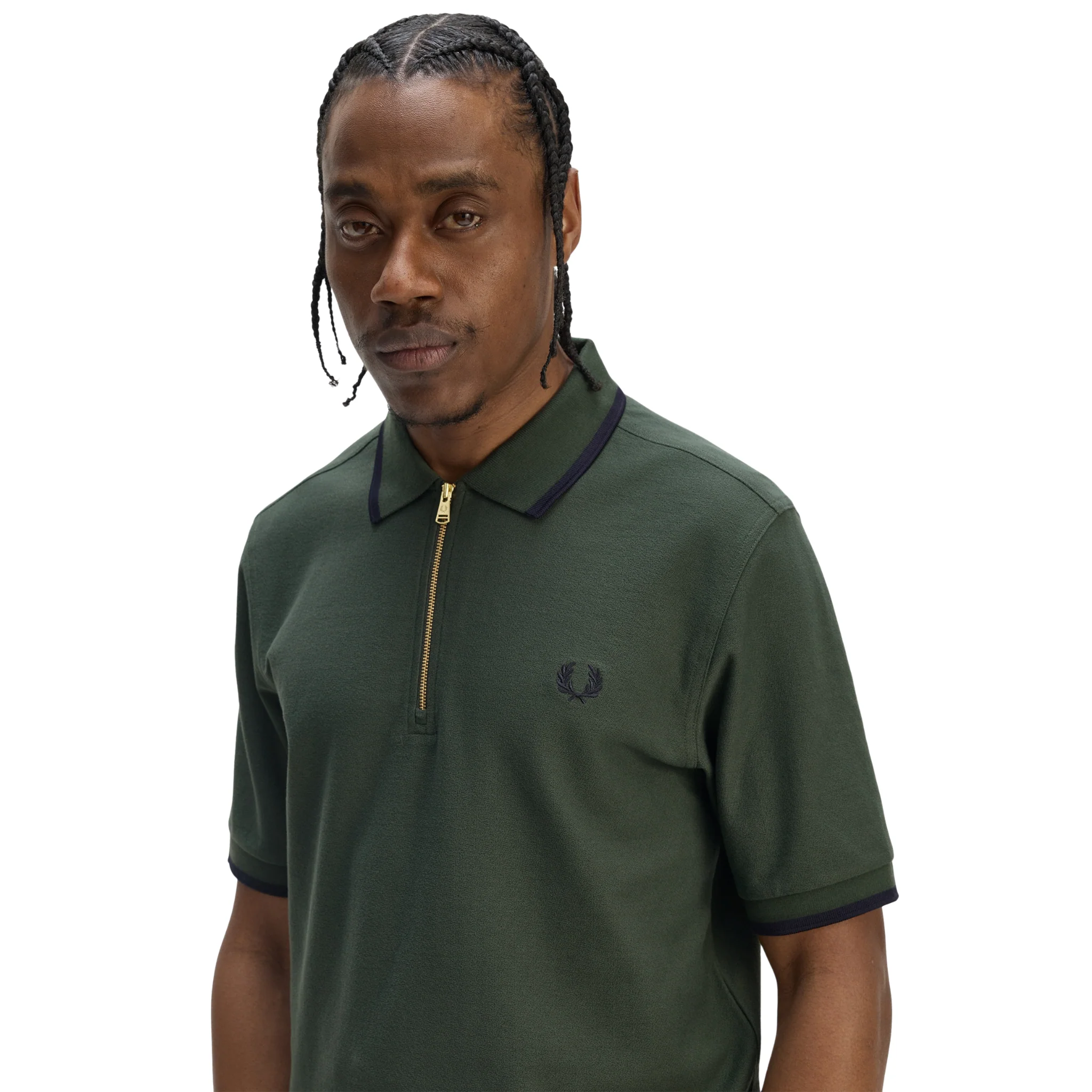 Mens Fred Perry Court Green Crepe Pique Zip Neck S/s Polo - Image 2