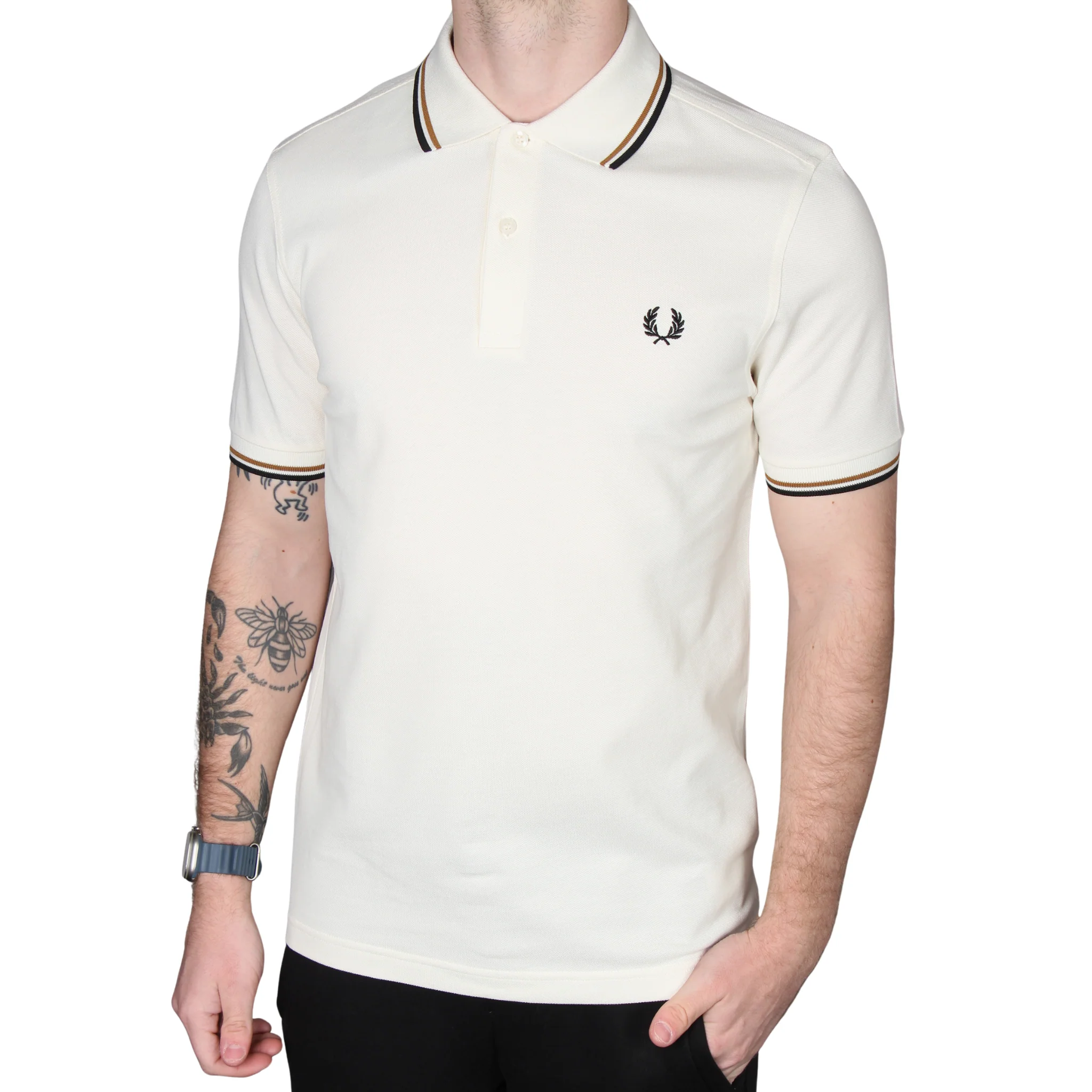 Mens Fred Perry Ecru/Dark Caramel/Black Twin Tipped S/s Polo - Image 2