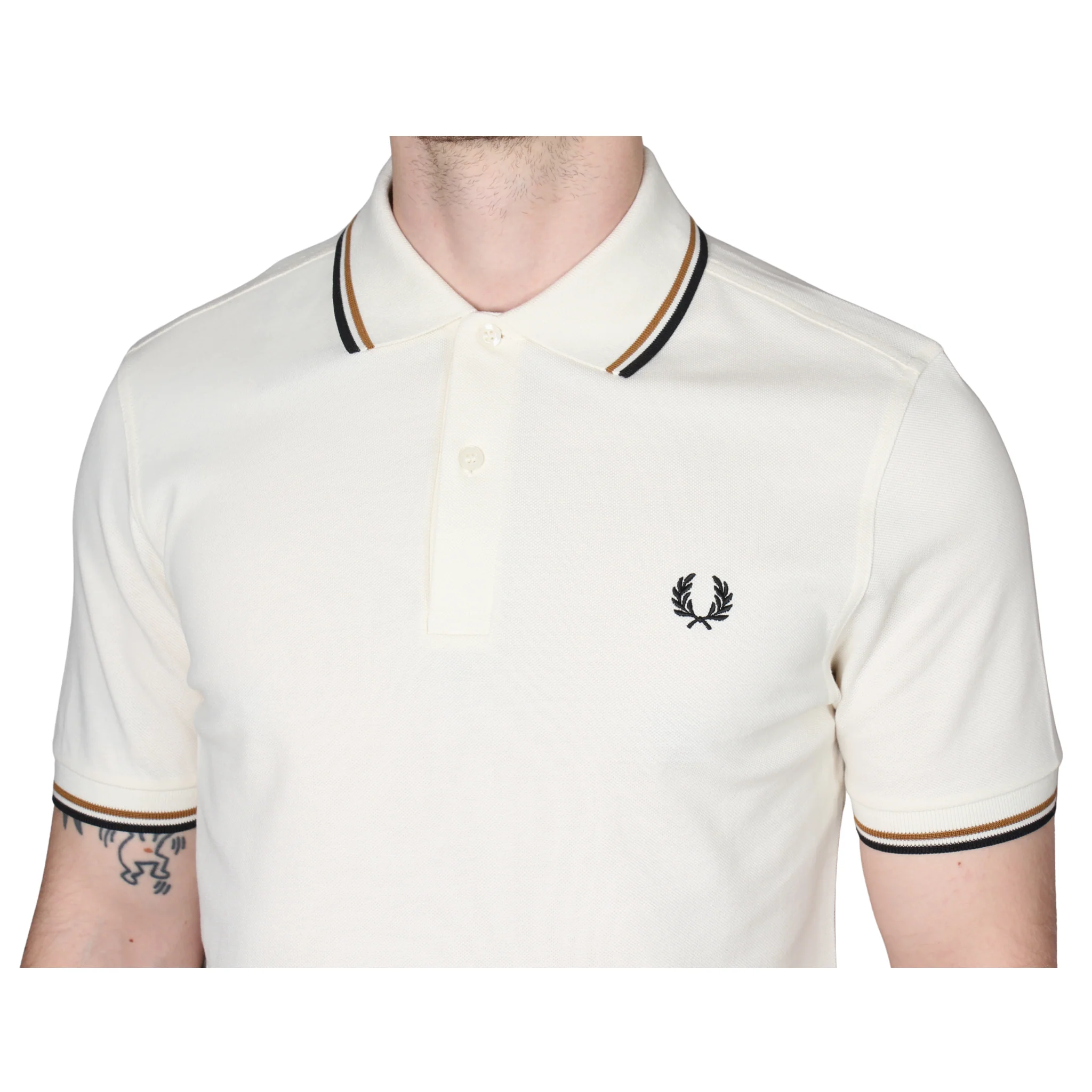 Mens Fred Perry Ecru/Dark Caramel/Black Twin Tipped S/s Polo - Image 4