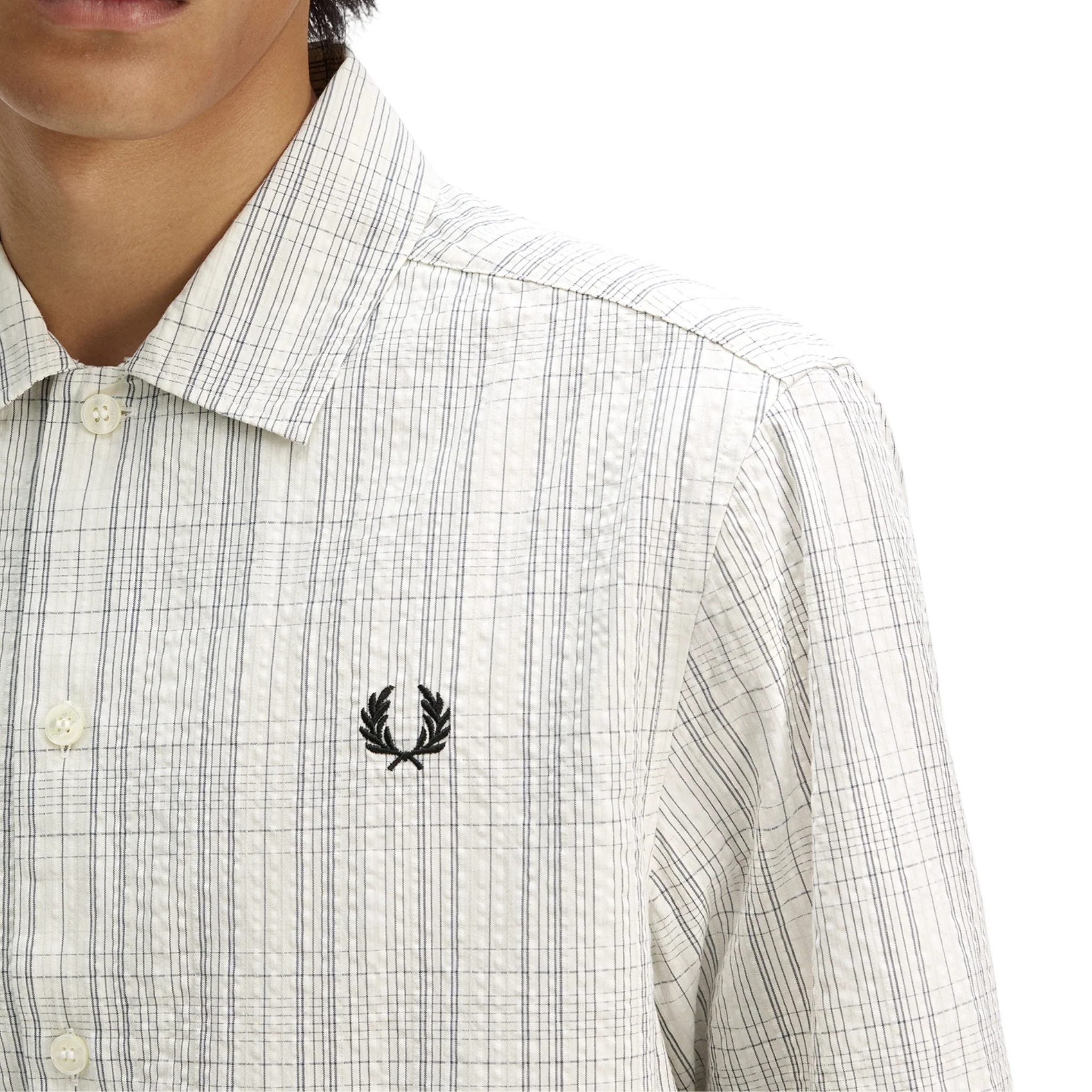 Mens Fred Perry Ecru Seersucker Check S/s Shirt - Image 3
