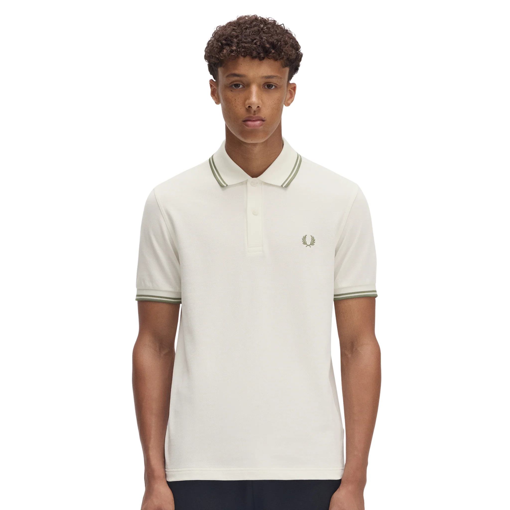 Mens Fred Perry Light Ecru/Olive Mint Twin Tipped S/s Polo Shirt - Image 2