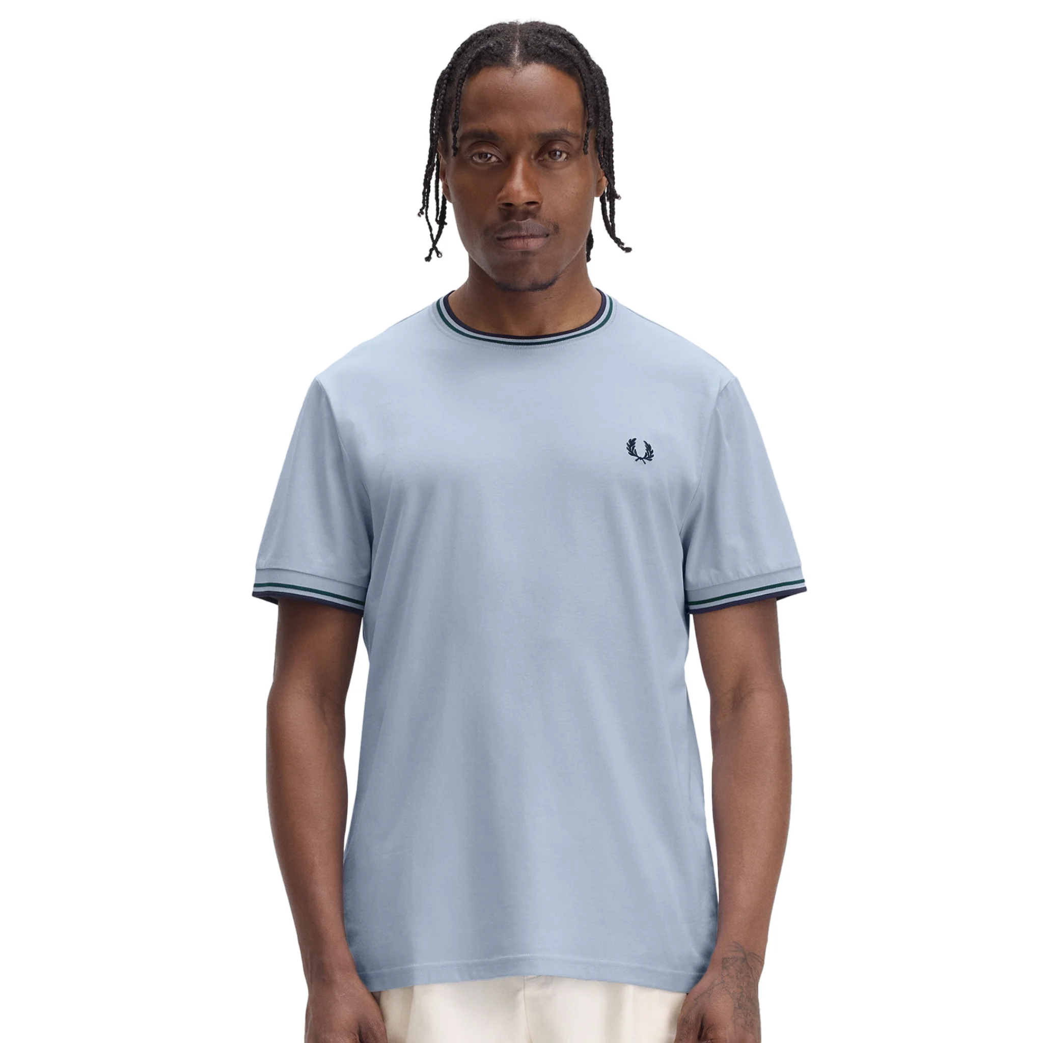 Mens Fred Perry Light Smoke/Petrol Blue/Navy Twin Tipped S/s T Shirt - Image 2