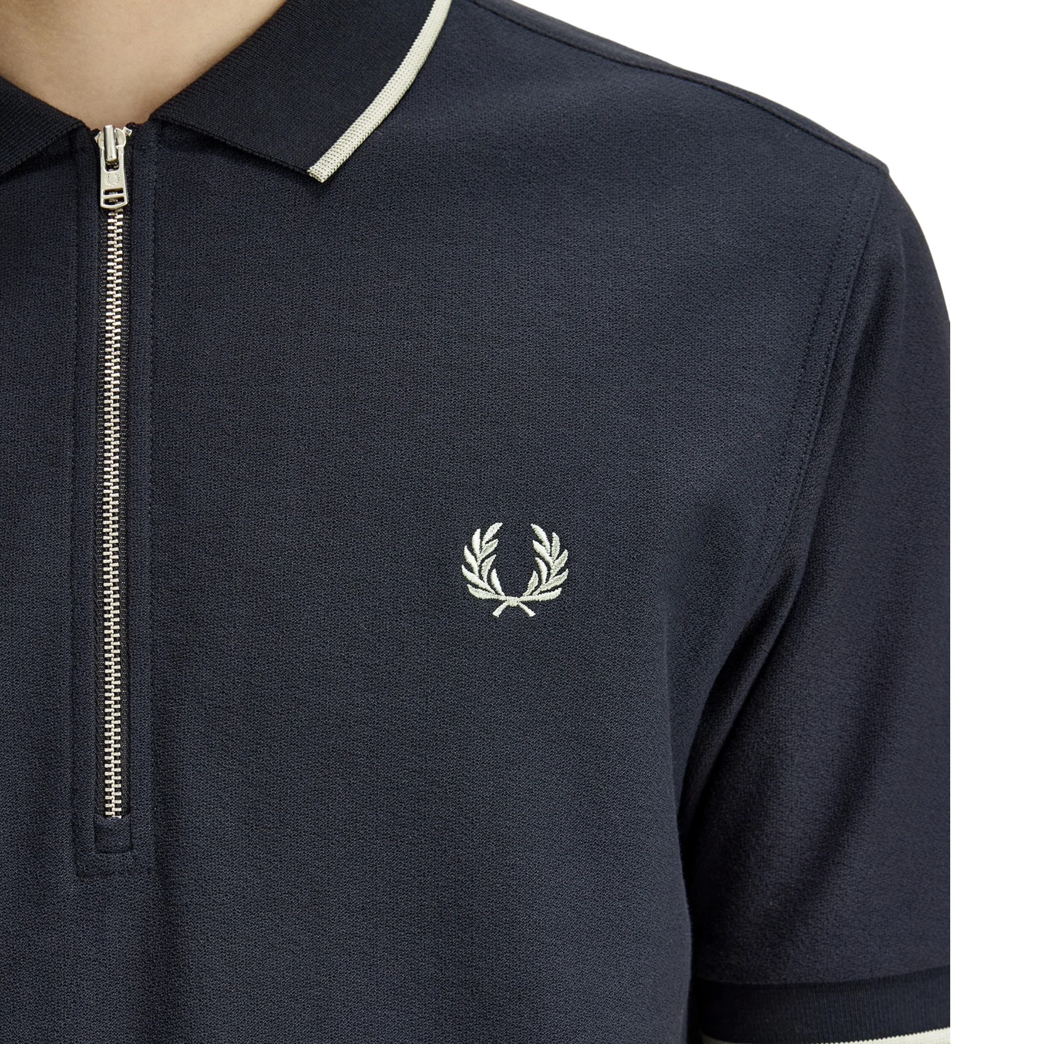 Mens Fred Perry Navy Crepe Pique Zip S/s Polo Shirt - Image 3