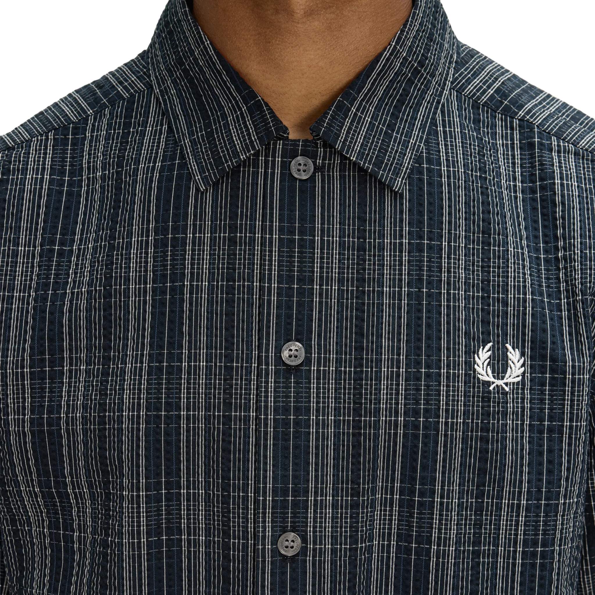 Mens Fred Perry Navy Seersucker Check S/s Shirt - Image 3