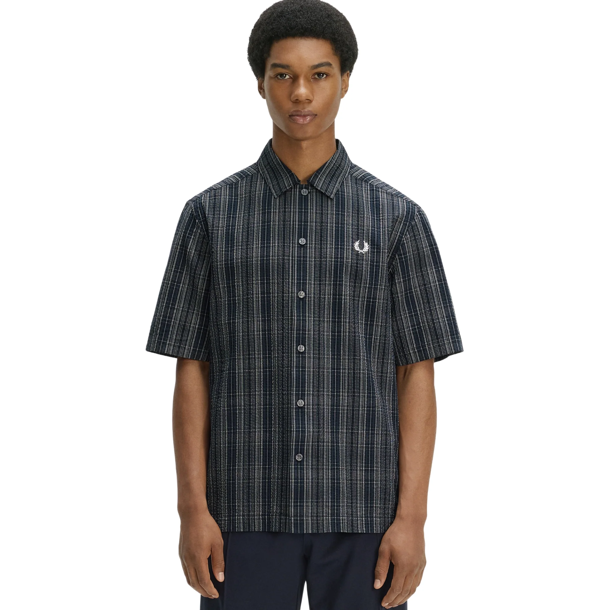 Mens Fred Perry Navy Seersucker Check S/s Shirt - Image 4