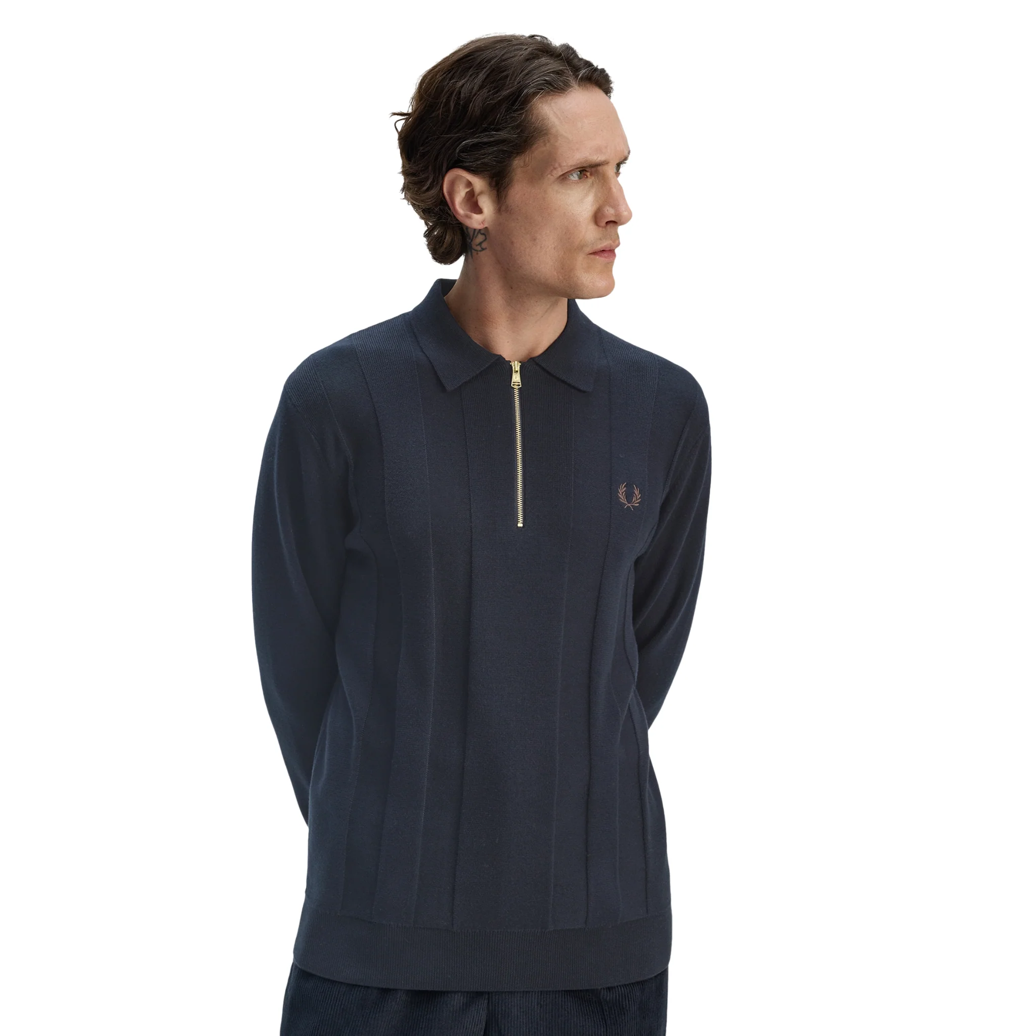 Mens Fred Perry Navy Tonal Stripe Knitted Zip Neck L/s Polo - Image 2