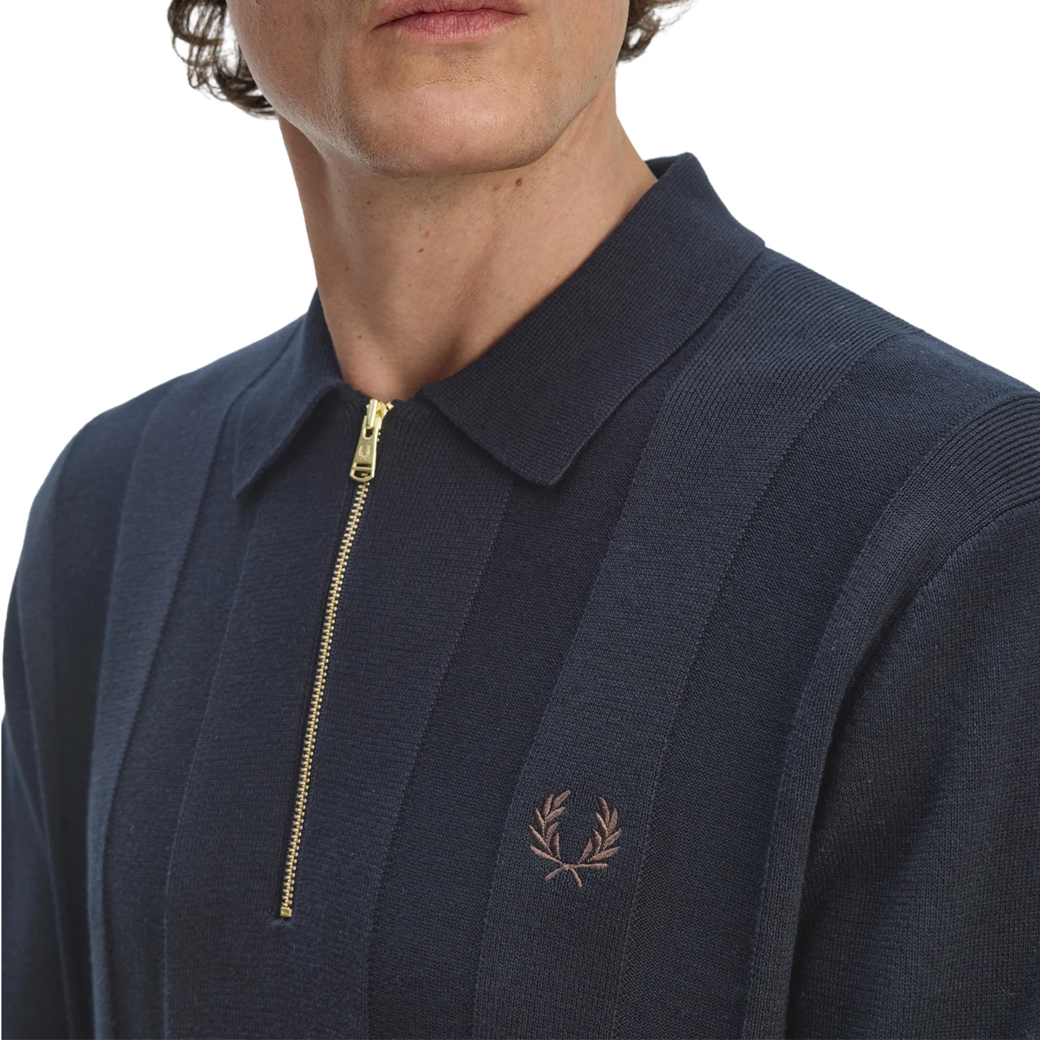 Mens Fred Perry Navy Tonal Stripe Knitted Zip Neck L/s Polo - Image 3